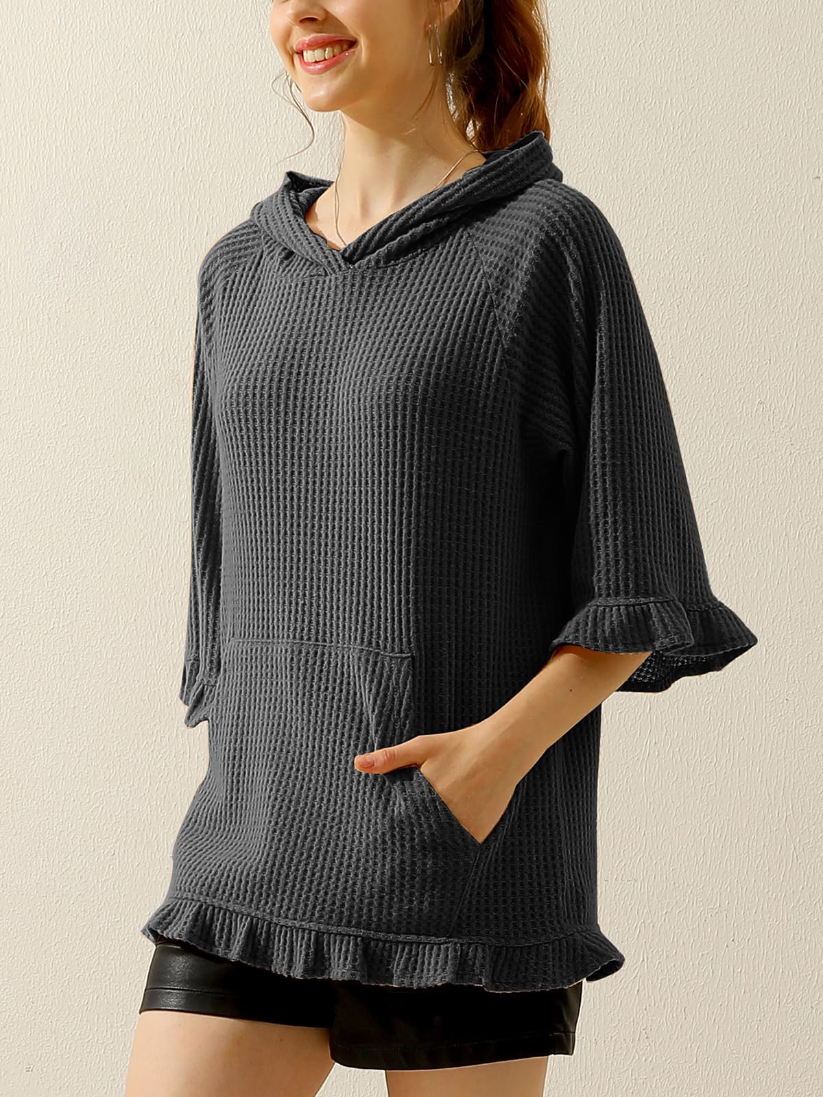 DOUBLJU Women's 2-Pack Oversized Hoodie Sweatshirt - 3/4 Ruffled Sleeve, Waffle Knit, Front Pocket, Loose Fit Casual Top for Workout, Lounge & Everyday Wear