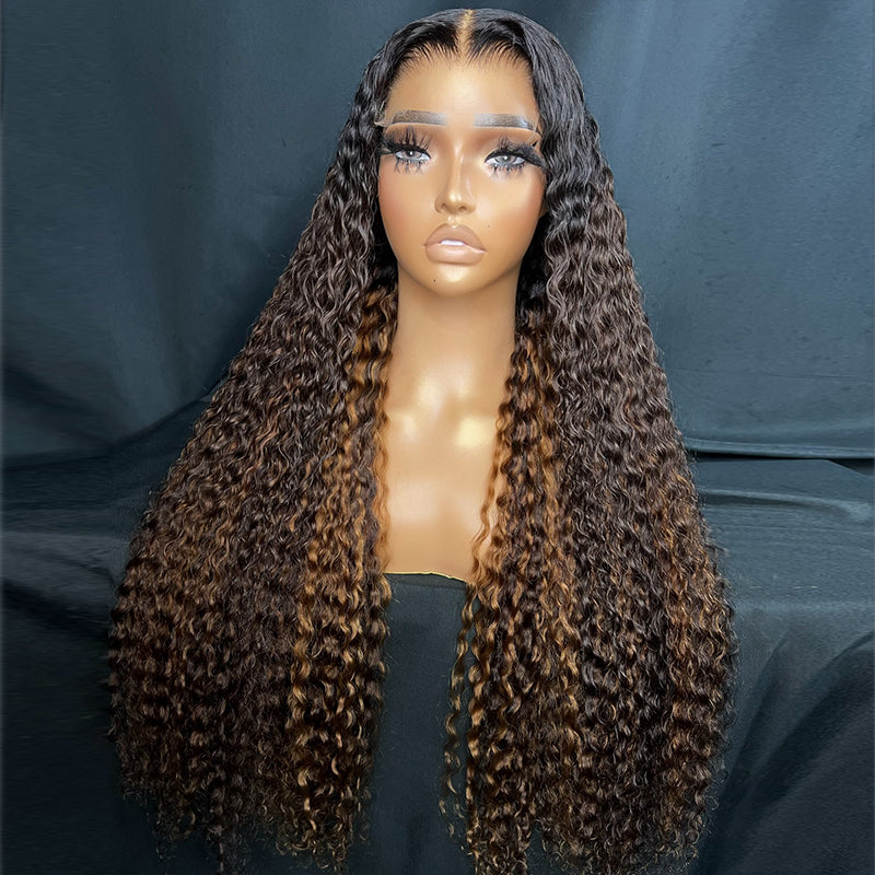 Eullair Brown with Honey Blonde Highlights Human Hair Wig - Glueless Kinky Curly Lace Frontal Wigs for Women | Perfect for Daily Wear, Parties & Special Occasions