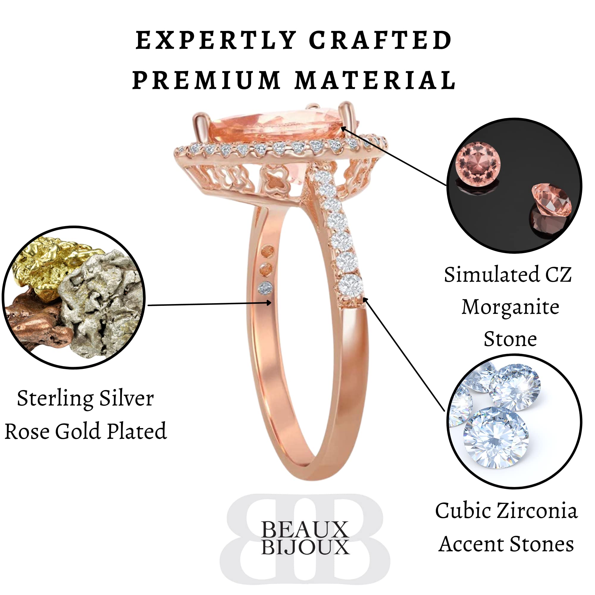 Beaux Bijoux Simulated Morganite Engagement Ring for Women - Sterling Silver Rose Gold Plated Oval/Heart/Pear/Round/Princess Cut CZ Diamond Halo Ring | Wedding, Proposal, Anniversary Gift | Elegant Jewelry for Special Occasions