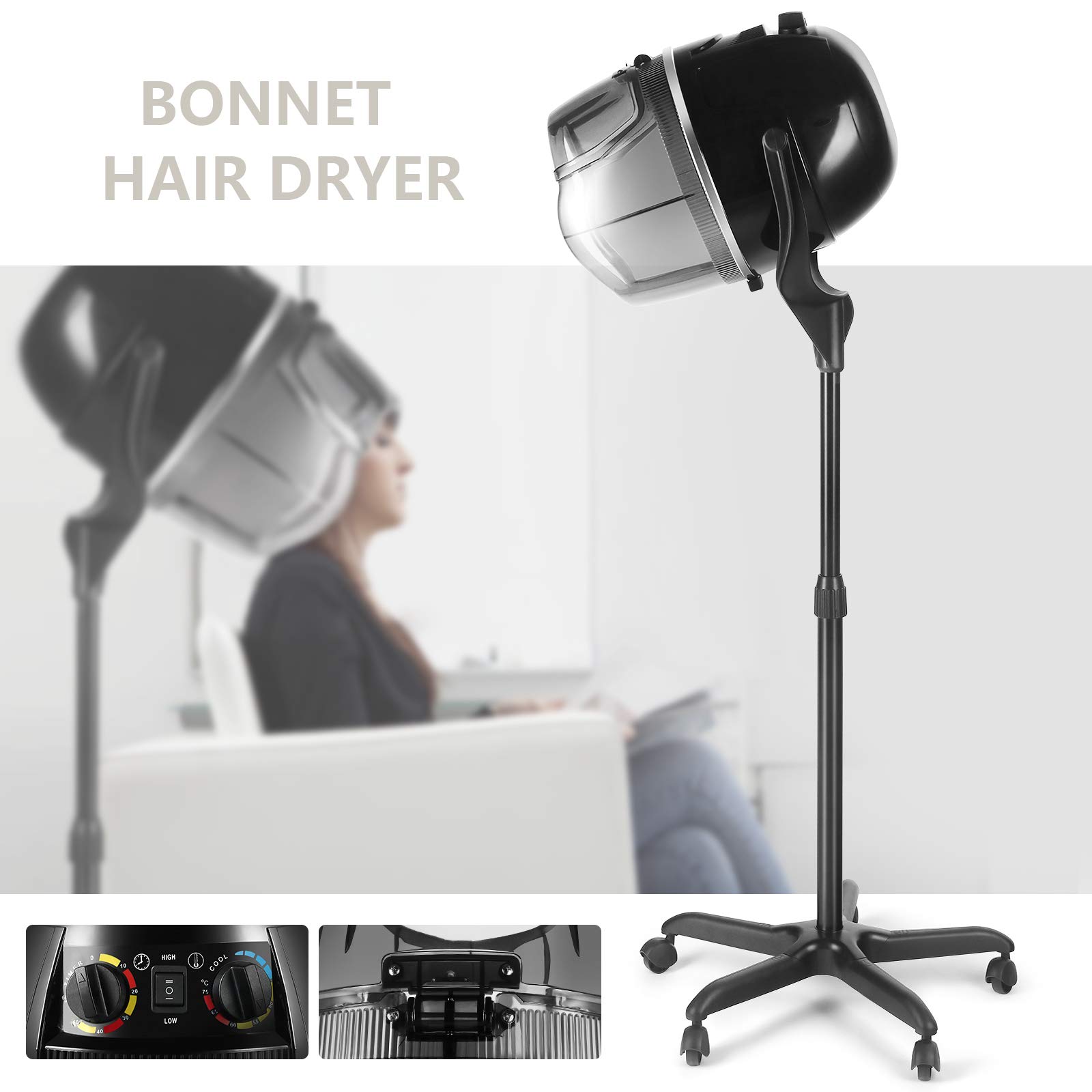 Professional Adjustable Salon Hood Hair Dryer with Rolling Base & Wheels - Artist Hand Bonnet Hair Dryer for Home & Salon Use - Perfect for Styling, Drying & Setting Hair