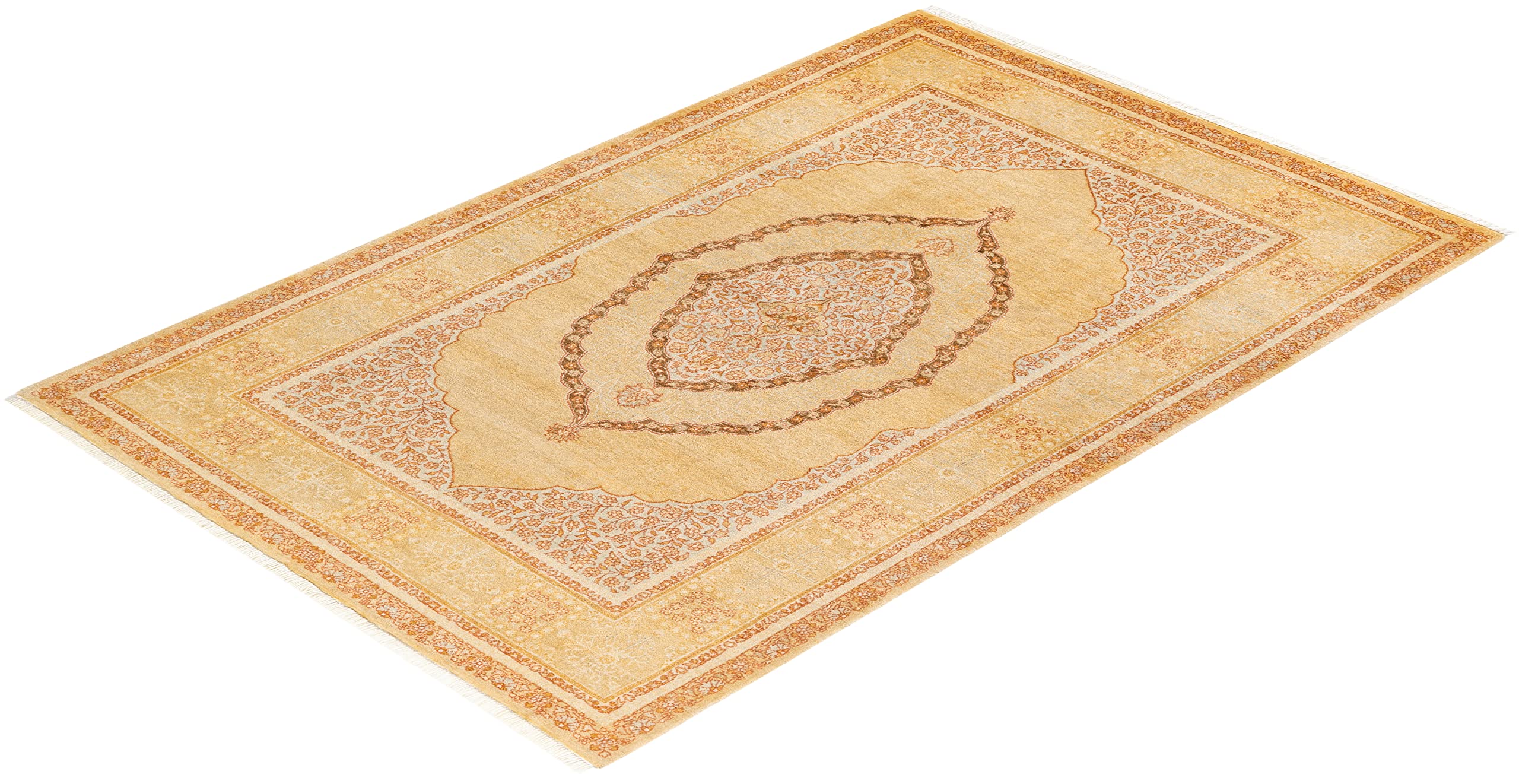 Handmade Wool Oriental Mogul Yellow 4x6 Area Rug - Traditional Hand-Knotted Solo Rugs for Living Room, Bedroom & Dining Room Decor