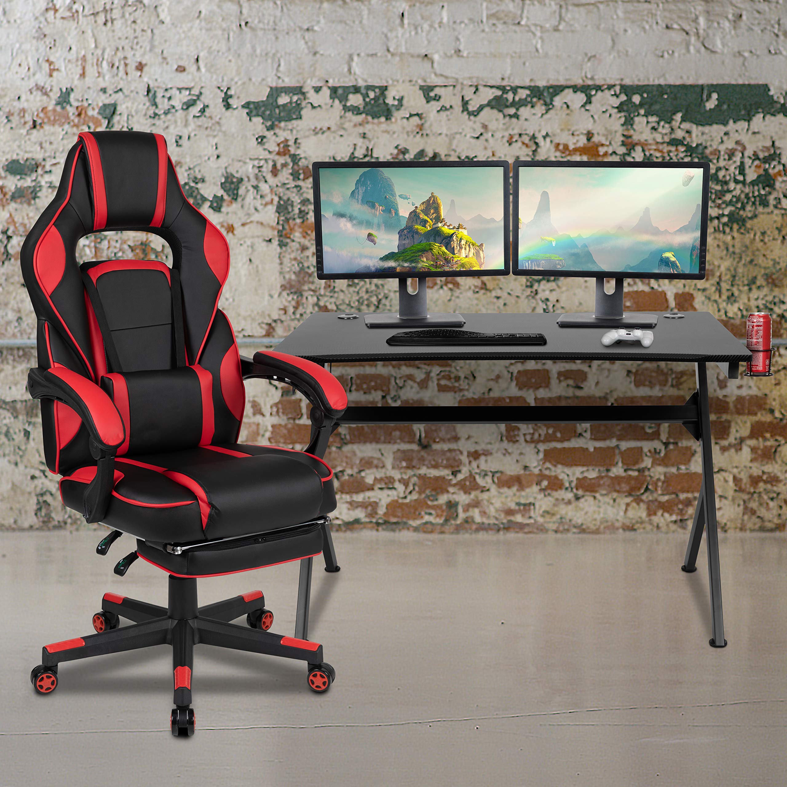 Premium Black Gaming Desk with Cup Holder, Headphone Hook & Cable Management Holes - Ergonomic Red Reclining Gaming Chair with Adjustable Arms & Footrest - Perfect for PC Gaming Setup, Streaming & Home Office