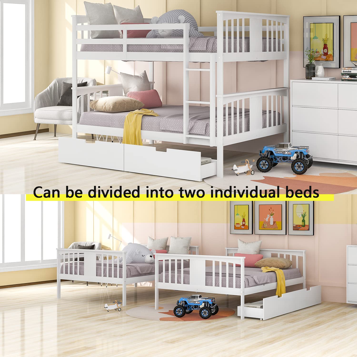 Full Over Full Bunk Beds with 2 Drawers - Sturdy Wood Bunk Bed Frame for Kids, Teens & Adults - Detachable Design for Boys, Girls, Women & Men - White - Perfect for Small Bedrooms, Guest Rooms & Dormitories
