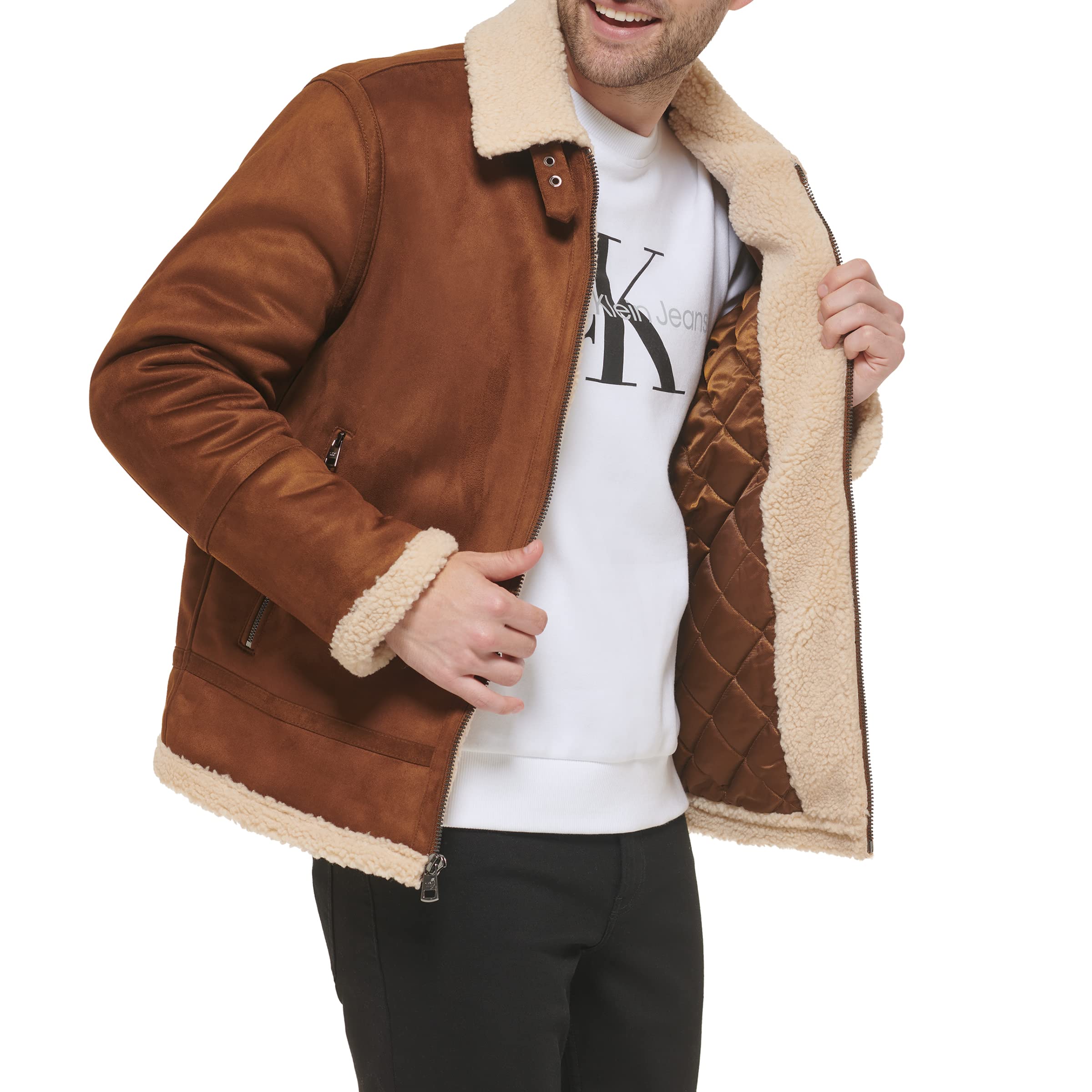 Calvin Klein Men's Faux Leather Bomber Jacket with Warm Shearling Lining - Stylish Winter Outerwear for Casual Wear & Night Out