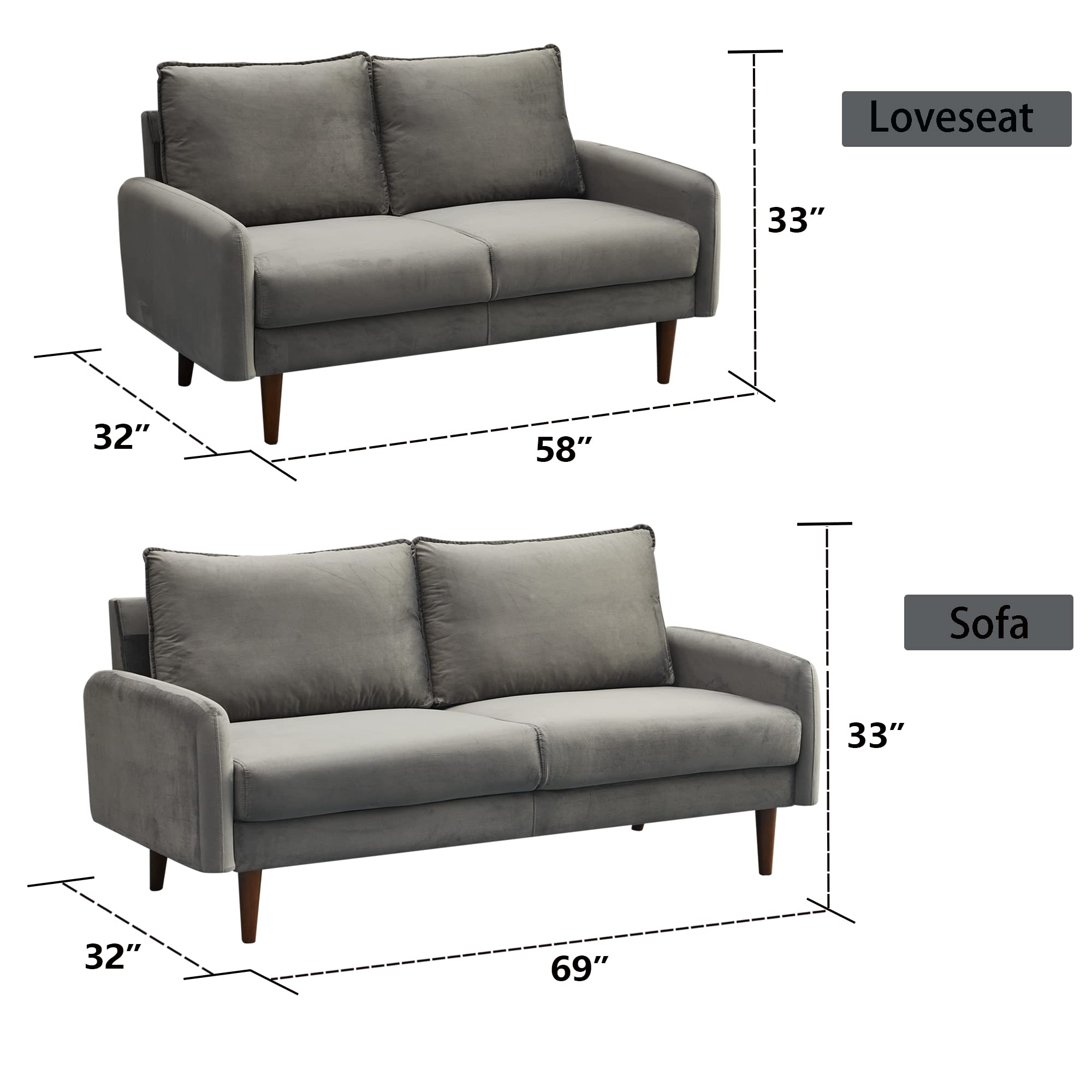 Mid-Century Modern Velvet Sofa with Wooden Legs - Grey Living Room Couch for Home, Office & Lounge | Comfortable & Stylish Seating Furniture