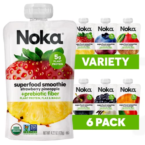 Organic Noka Superfood Fruit Smoothie Pouches Variety Pack - Vegan, Gluten Free Snacks with Flax Seed, Prebiotic Fiber & Plant Protein (4.22 oz, 6 Count) - Healthy On-the-Go Breakfast, Lunchbox or Post-Workout Snack for Kids & Adults