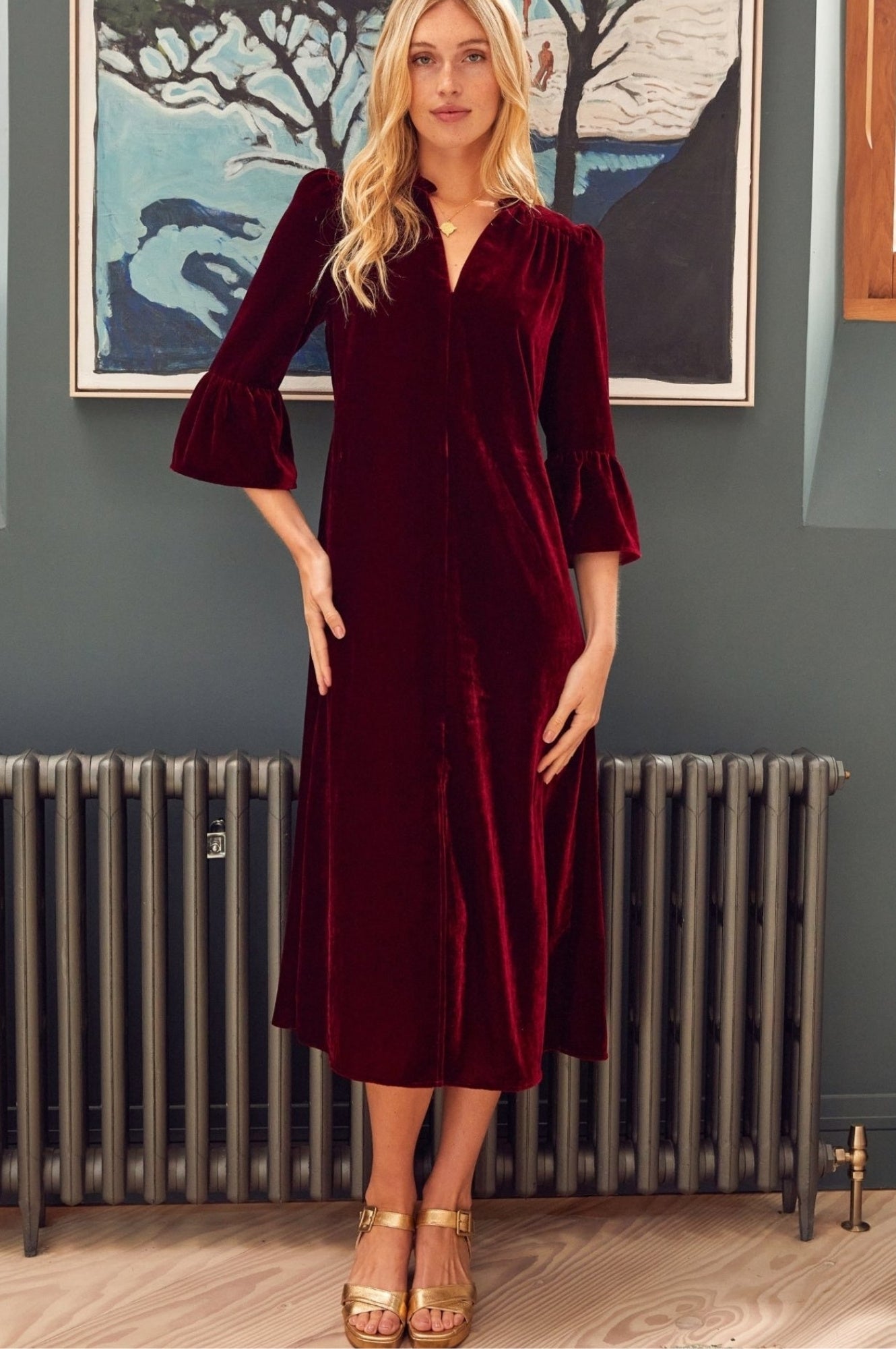 Astrid Velvet Dress for Women | Elegant Ruby Red Long Sleeve Formal Gown | Perfect for Evening Parties, Weddings & Special Occasions
