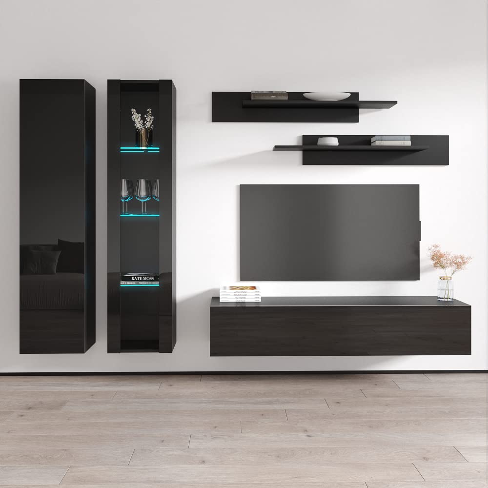 Modern Floating TV Stand with Storage & LED Lights - Wall-Mounted Entertainment Center for Bedroom & Living Room - A4 30TV Console with Shelves - Black - Perfect for Small Spaces & Home Theater Setup