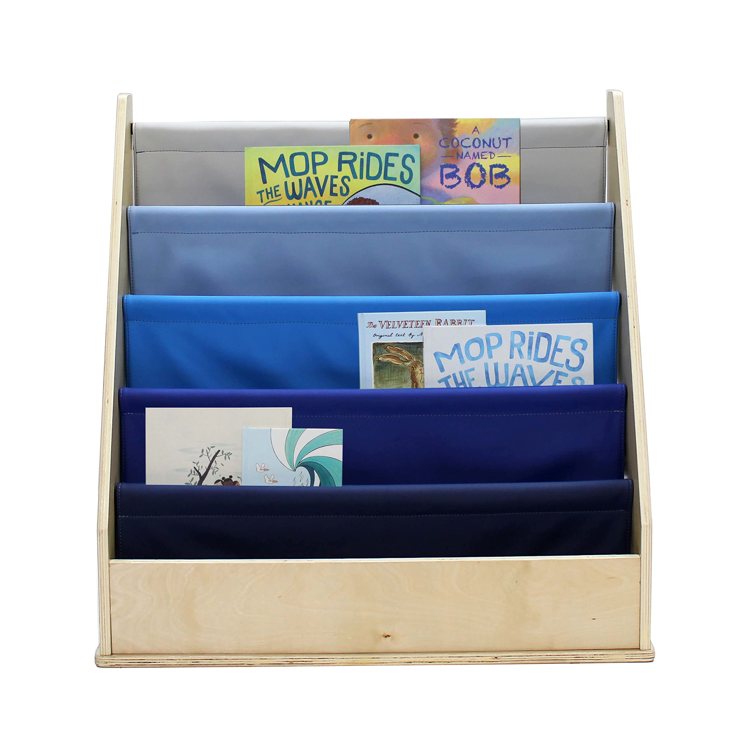 **Factory Direct Birch SoftScape Sling Book Display - 4-Shelf Vinyl Storage for Kids Books & Magazines - Navy/Powder Blue - Perfect for Bedroom, Playroom, Daycare, Preschool & Classroom Organization**    *(Use Case: Ideal for organizing children's books, magazines, and learning materials in home, school, or childcare settings.)*