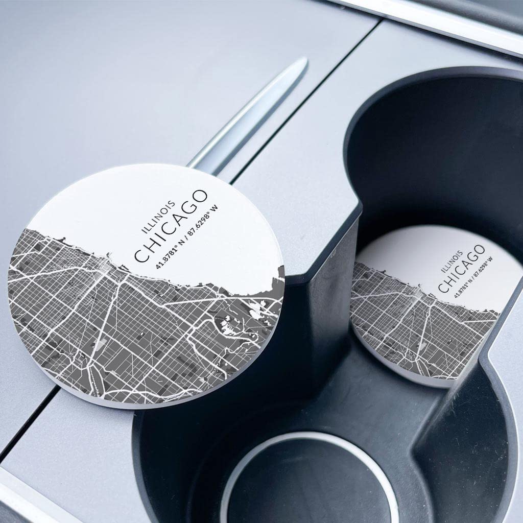 Minimalist Chicago Map Ceramic Car Coasters - Set of 2, 2.65-inch Round Cup Holder Protectors for Vehicles, Joyride Home Décor - Keep Your Car Clean & Stylish | Perfect for Road Trips, Commuting & Coffee Lovers