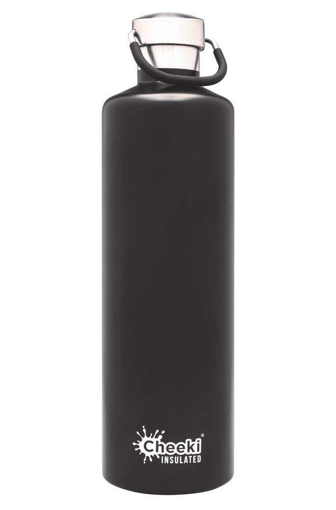 CHEEKI 1L Stainless Steel Insulated Water Bottle - Black - Keeps Drinks Hot & Cold for 24 Hours - Perfect for Gym, Hiking, Camping & Office Use