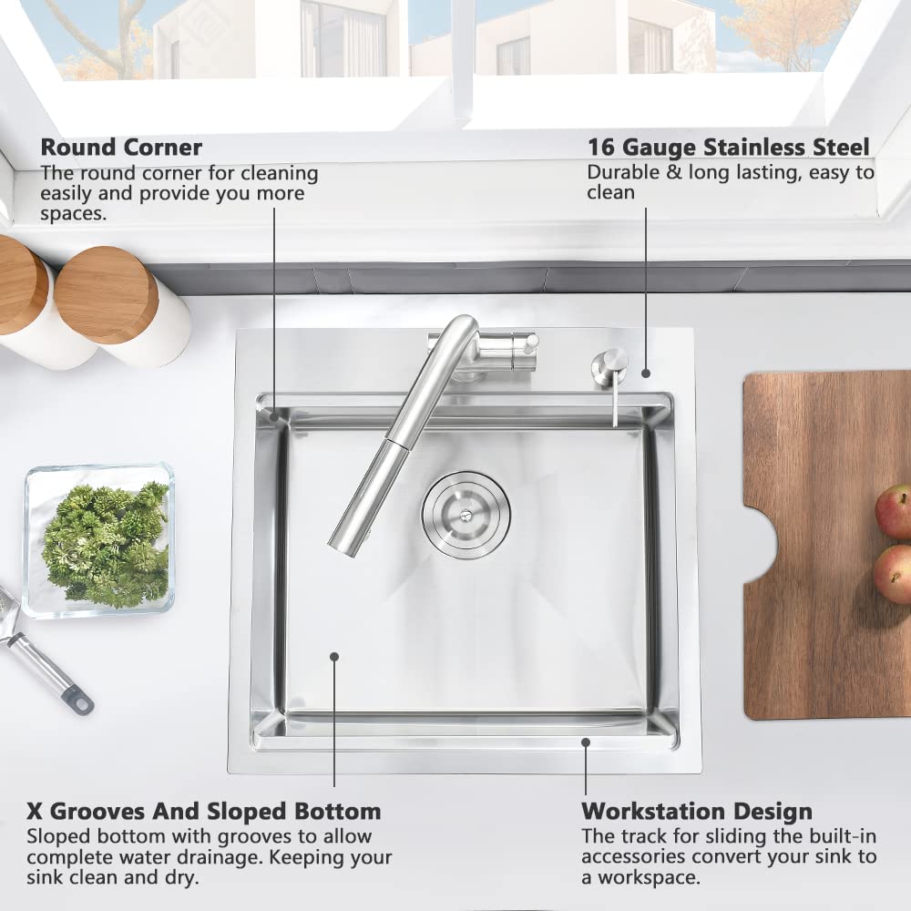21 Inch Stainless Steel Drop-In Bar Sink - VASOYO 16 Gauge Single Bowl RV Kitchen Sink with Cutting Board | Perfect for Outdoor Kitchen, Bar Prep, Small Spaces & RV Living