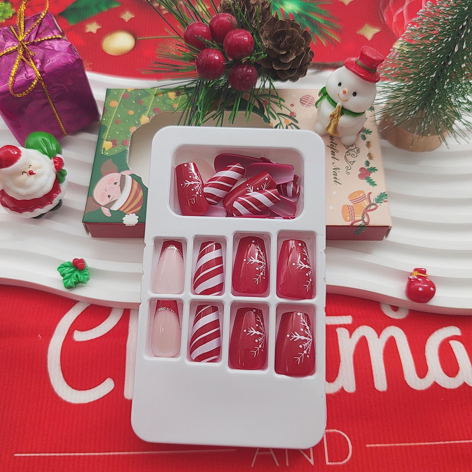 Festive Christmas Press on Nails - 24Pcs Short Coffin Fake Nails with Snowflake & Stripe Designs, French Tip Winter Nails, Glossy Red Acrylic Stick on Nails for Women | Perfect for Holiday Parties, Gift Giving & Winter Celebrations