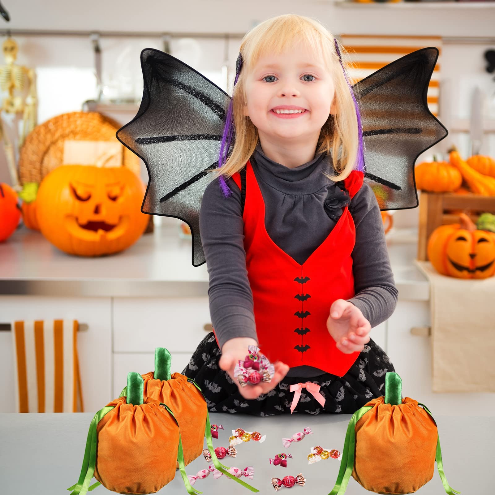 10 Pack Fall Pumpkin Candy Bags - Orange Halloween Treat Bags with Drawstring for Thanksgiving, Christmas & Autumn Parties - Perfect for Trick or Treat, Goodie Gifts & Seasonal Celebrations