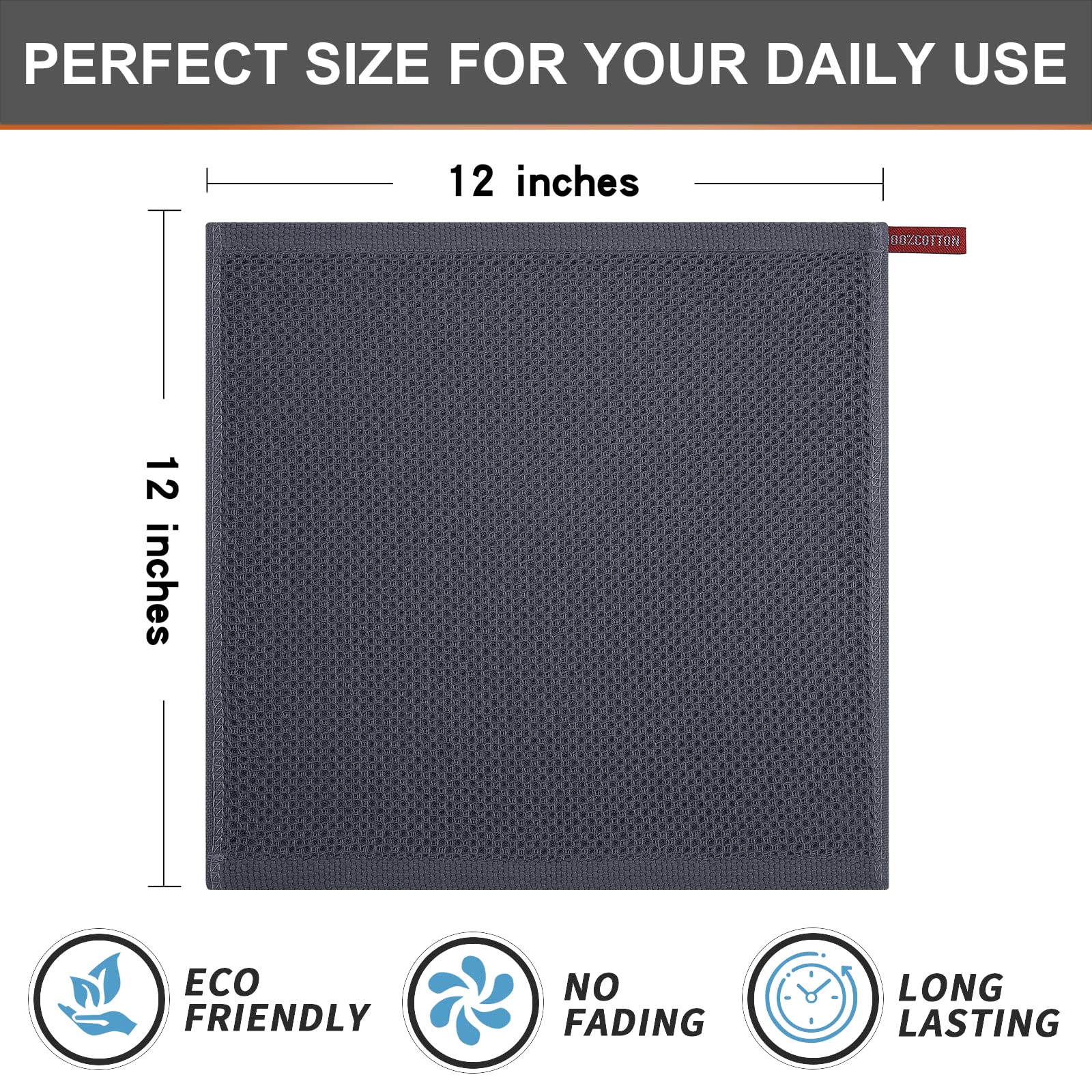 Kitinjoy 6 Pack 100% Cotton Waffle Weave Dish Cloths - Ultra Soft & Highly Absorbent Kitchen Towels (12x12 Inches, Dark Grey) for Drying Dishes, Cleaning Countertops & Everyday Kitchen Use