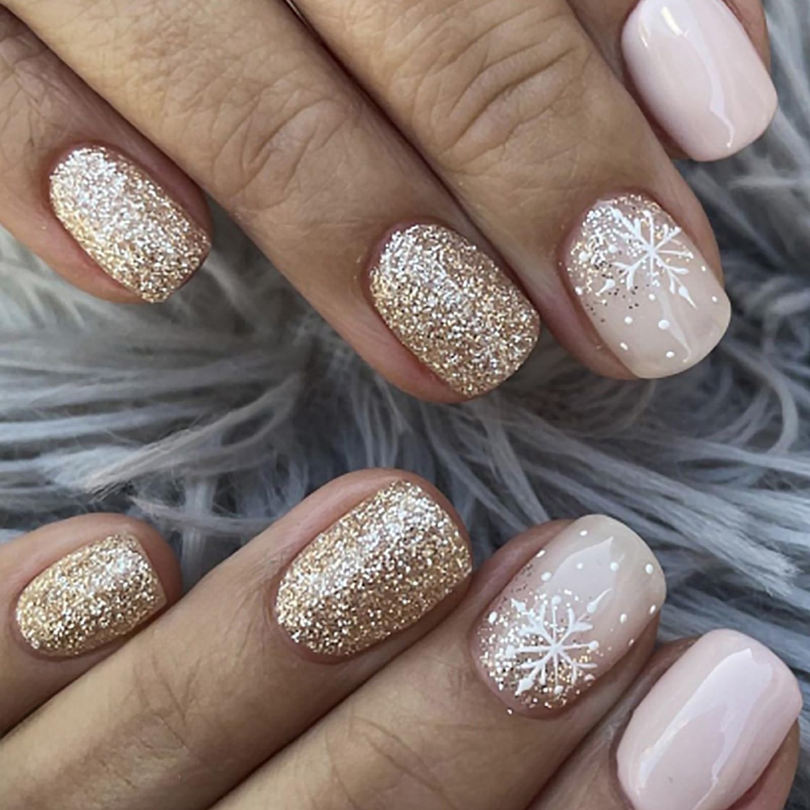 Snowflake Press on Nails - Short Square Fake Nails with Gold Glitter Design, Full Cover Glossy Artificial Nails for Women & Girls | Winter Christmas Manicure, Party, Wedding, Date Night Nail Art Accessories
