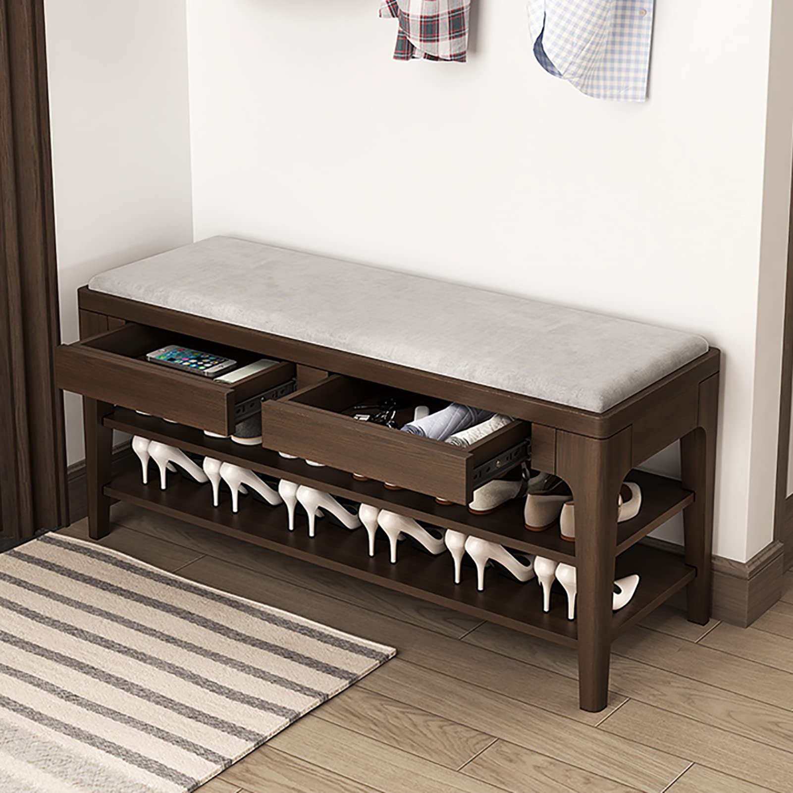 Solid Wood Entryway Shoe Bench with Drawer - Upholstered Storage Organizer with Cotton Linen Cushion, 2-Tier Dark Walnut (100x35x45cm) - Perfect for Hallway, Mudroom & Small Space Organization