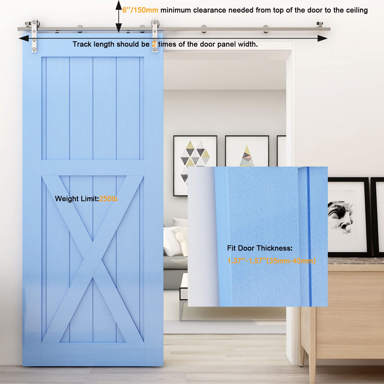 11FT Heavy Duty Stainless Steel Sliding Barn Door Hardware Kit for Single Wooden Door - Flat Shape Hanger - Perfect for Farmhouse, Loft & Rustic Home Decor