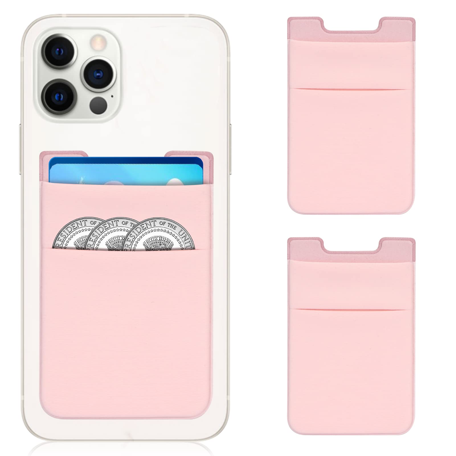 FYY 2 Pack Stretchable Lycra Phone Card Holder - Stick On Credit Card Wallet for iPhone, Samsung & Android Smartphones (Pink) - Slim & Secure for Daily Commute, Shopping & Travel