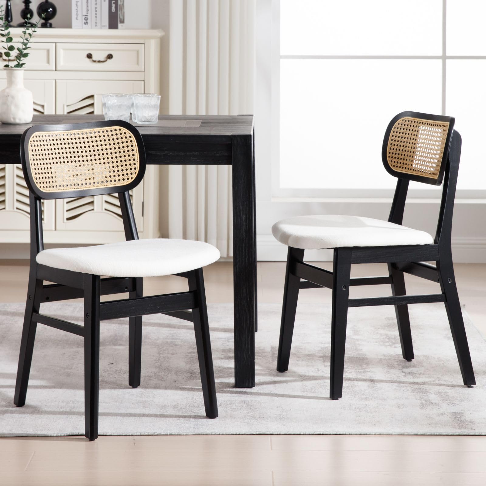 2 Pack Rattan Dining Chairs - Black Linen Upholstered Farmhouse Kitchen Chairs with Natural Wood Frame | Boho Style Side Chairs for Dining Room, Breakfast Nook & Outdoor Patio