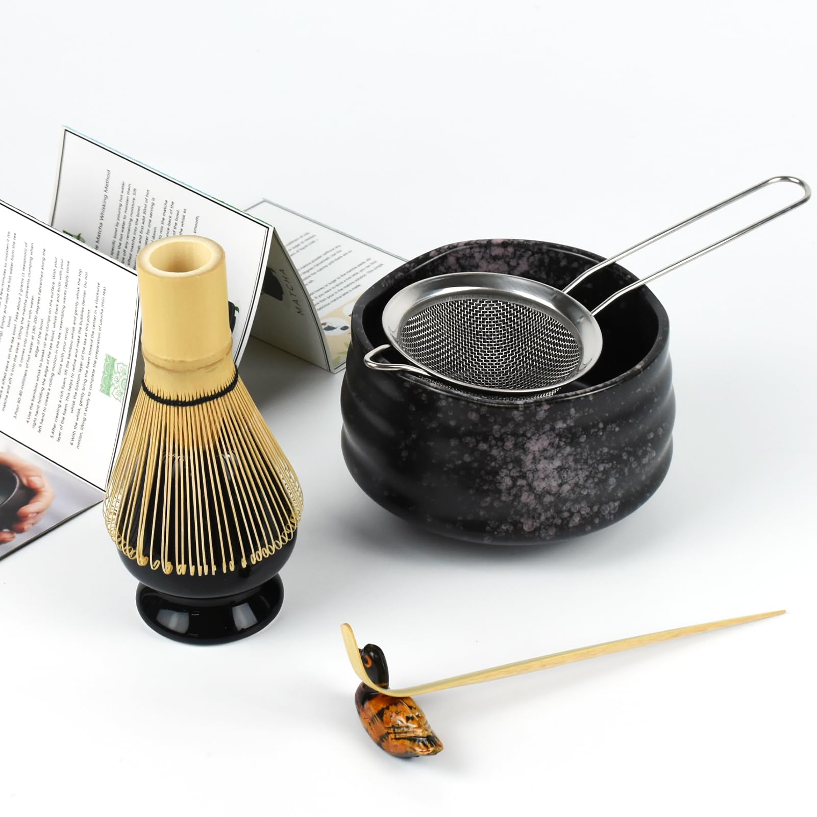 Premium Japanese Matcha Tea Ceremony Set - Traditional Matcha Bowl, Bamboo Whisk, Scoop & Strainer - Complete Kit for Authentic Usucha, Koicha & Matcha Latte Preparation - Perfect for Home Tea Rituals, Zen Meditation & Gift Giving (Black)