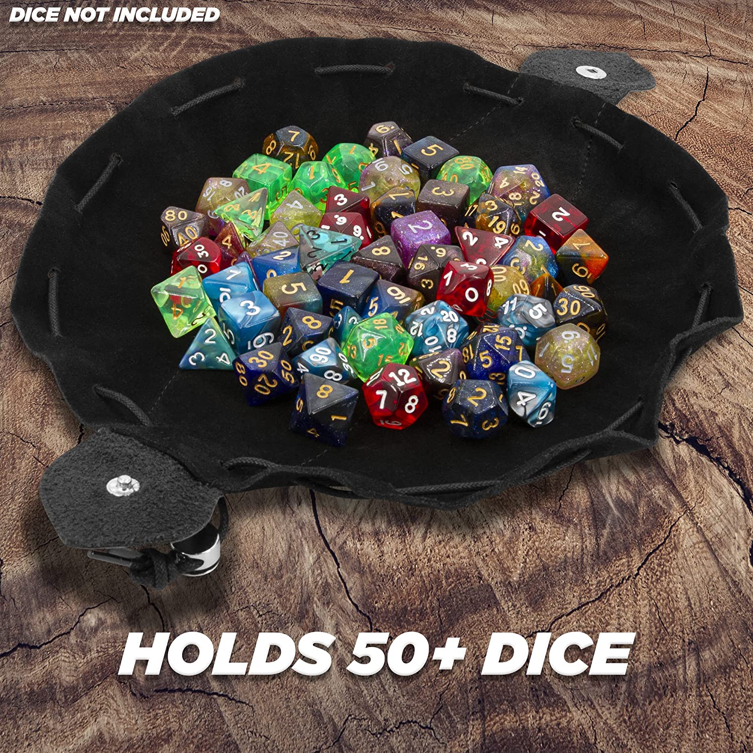 CASEMATIX Leather Dice Bag & Rolling Tray Set for DND, RPG - Holds 50+ Dice - Black Premium Leather Drawstring Pouch with Soft Non-Scratch Lining - Perfect for Tabletop Gaming, Dungeons & Dragons Sessions, and Role Playing Game Accessories