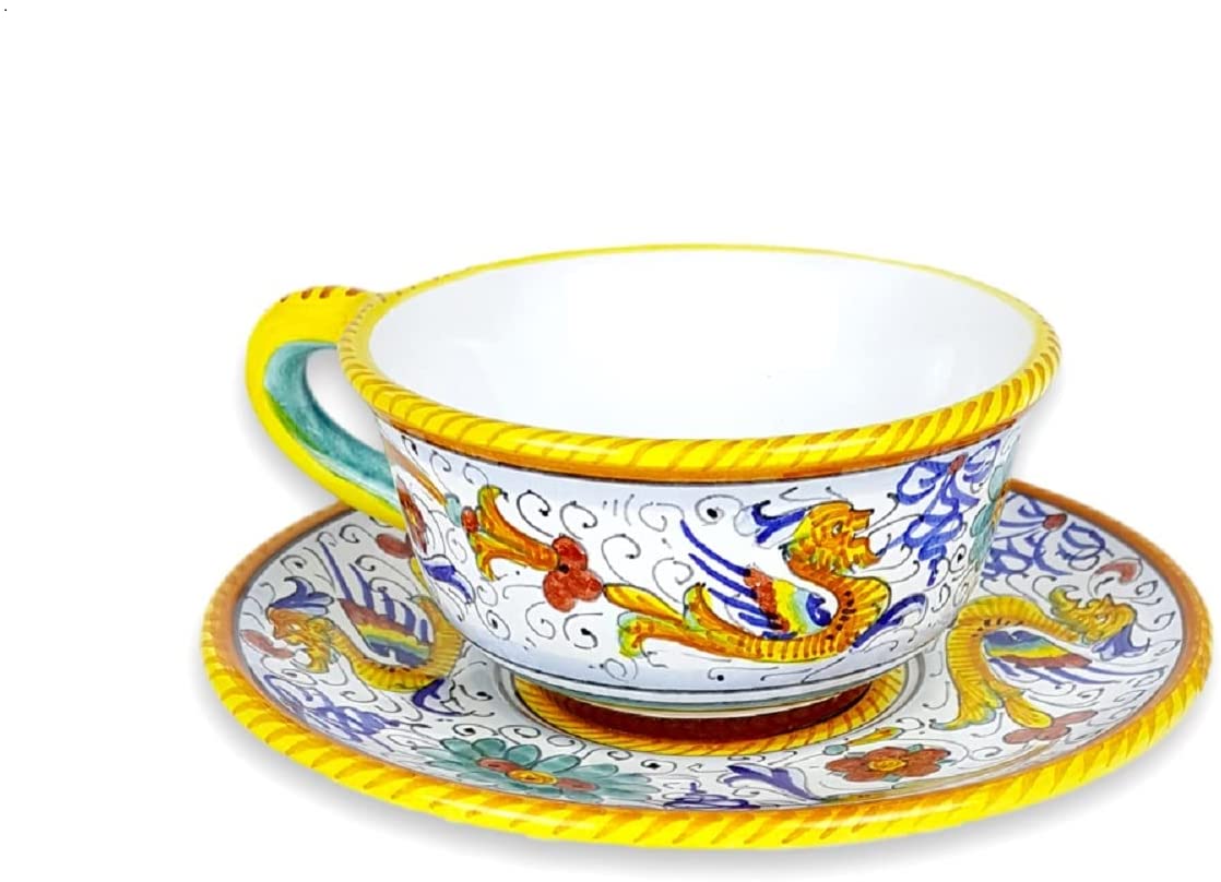 Handcrafted Raffaellesco Cup & Saucer Set | Authentic Deruta Italian Ceramics | 6 oz (170 mL) Hand-Painted Pottery from Italy | Perfect for Tea, Coffee & Elegant Table Settings