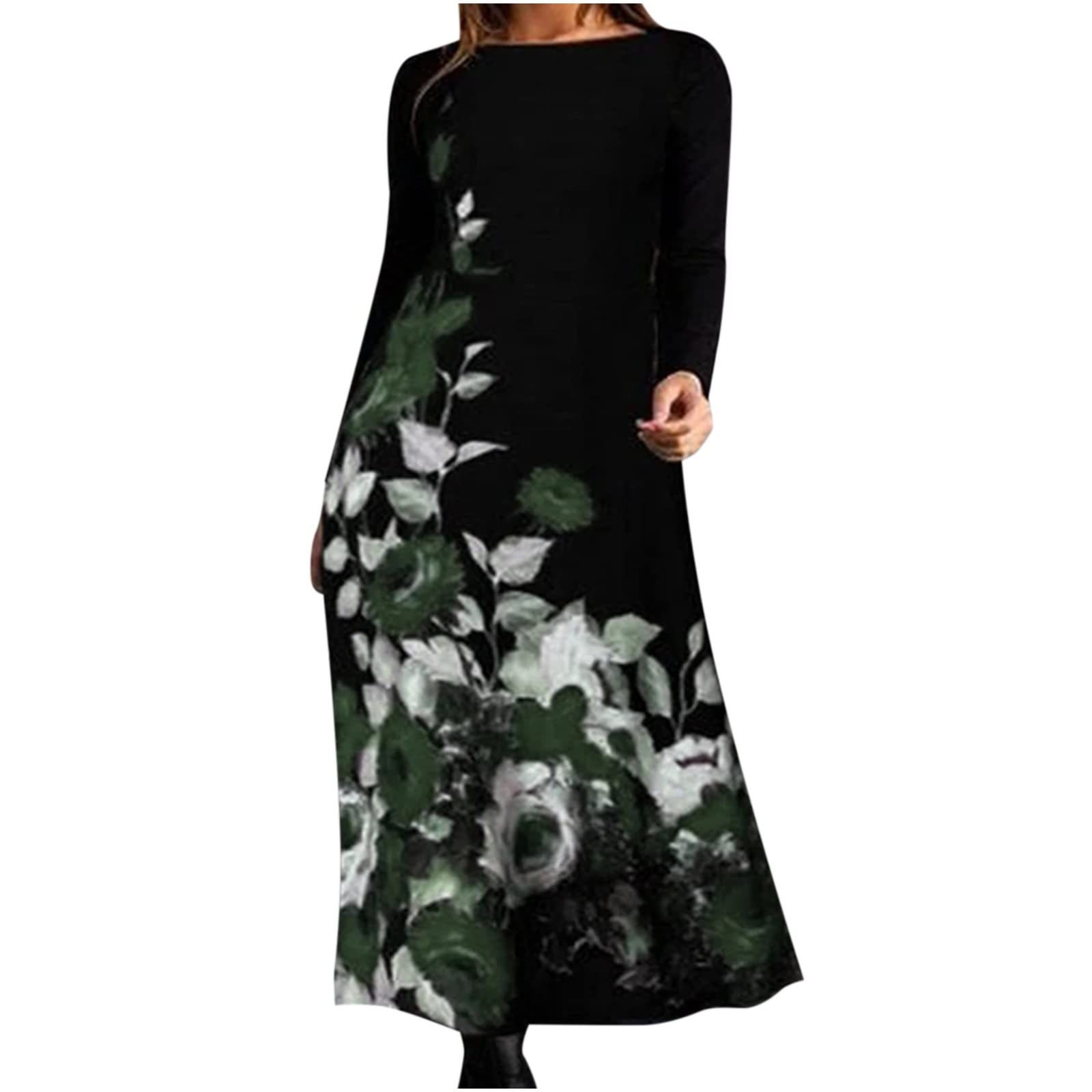 bmkBWO Women's Floral Print Long Sleeve Maxi Dress - Crewneck Loose Pullover Shift Dress for Fall & Winter | Casual Wear, Office Outfits, Holiday Parties & Date Nights