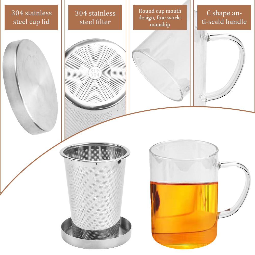 ADERTOS Glass and Stainless Steel Tea Infuser Mug with Lid - 100 Tea Filter Bags Included - Modern Tea Cup for Office, Home, and Relaxation - Perfect for Hot Tea, Iced Tea, and Herbal Infusions
