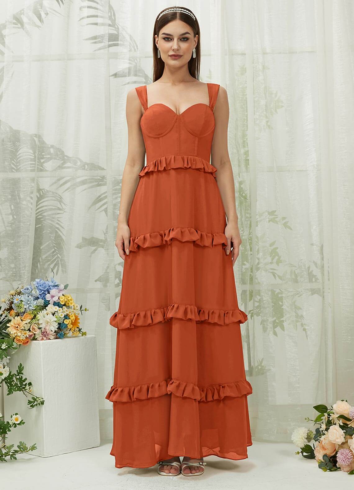 Elegant Burnt Orange Chiffon Sweetheart Neckline Tiered Maxi Bridesmaid Dress - Perfect for Weddings, Formal Events & Special Occasions