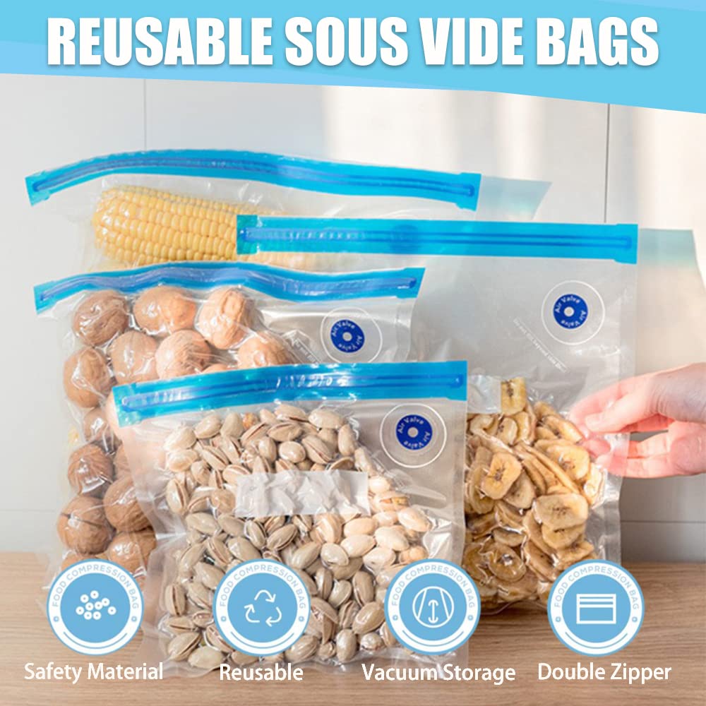 Daarcin 20-Pack Sous Vide Bags Kit with Hand Pump - 3 Sizes (15 BPA-Free Reusable Vacuum Sealer Bags, 2 Zipper Clips, 2 Clamps) for Food Storage, Meal Prep & Sous Vide Cooking - Perfect for Home Chefs & Kitchen Enthusiasts