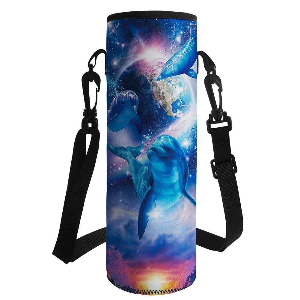 Cute Dolphin Print Glass Water Bottle Neoprene Insulated Sleeve Bag - Leakproof Carrying Case for Women & Girls - Perfect for School, Gym, Hiking and Outdoor Activities