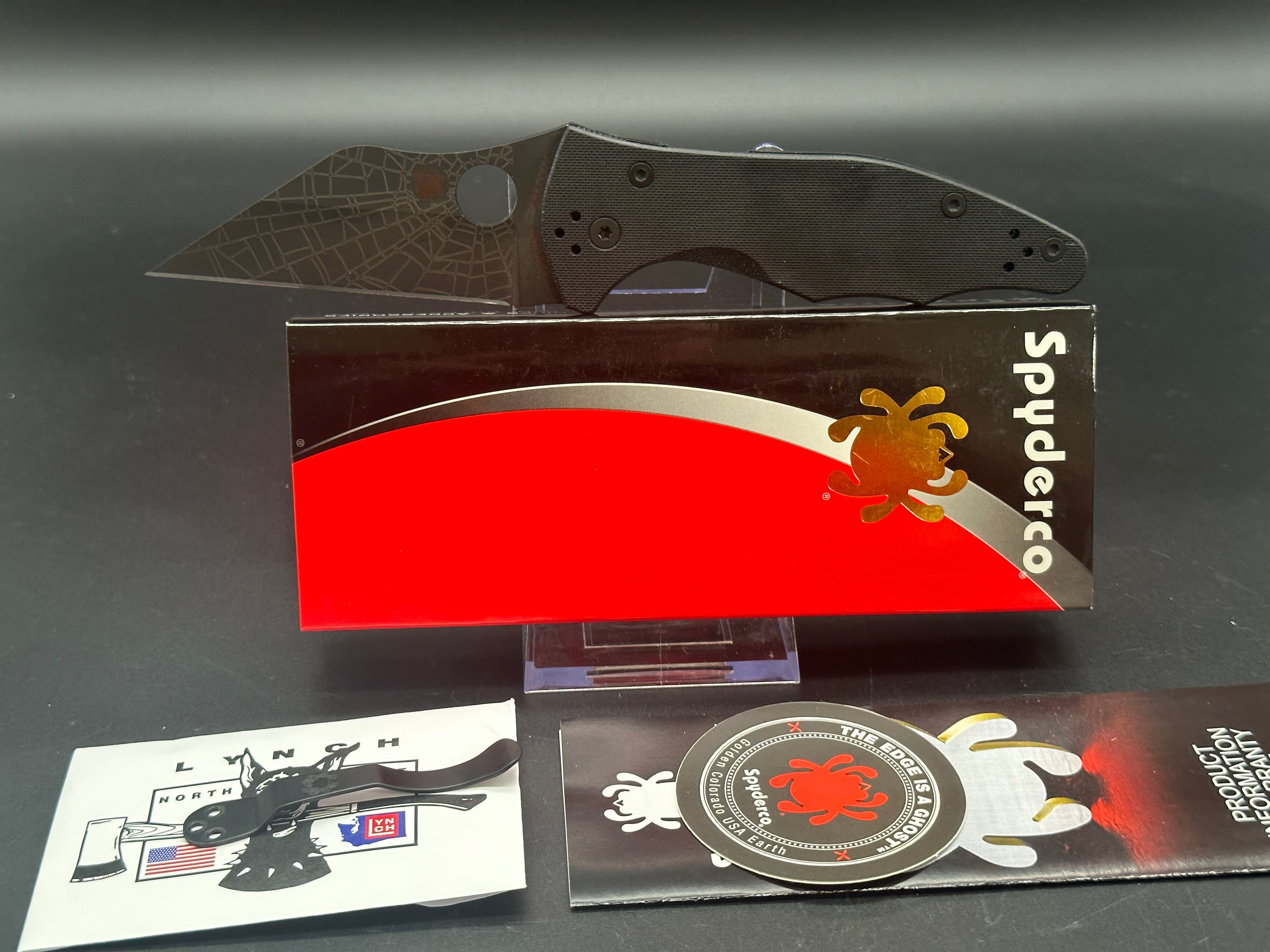 Spyderco Yojimbo 2 Folding Knife - Black G-10 Handle with Lynch NW Custom Laser Engraved Spider Web Blade | EDC, Tactical, Outdoor Survival & Everyday Carry Pocket Knife