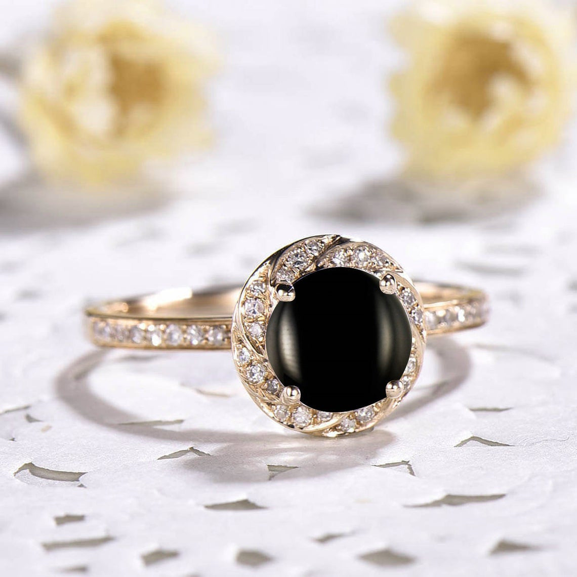 Natural Black Onyx Diamond Halo Wedding Ring for Women - Elegant Bridal Jewelry for Engagement, Anniversary & Special Occasions