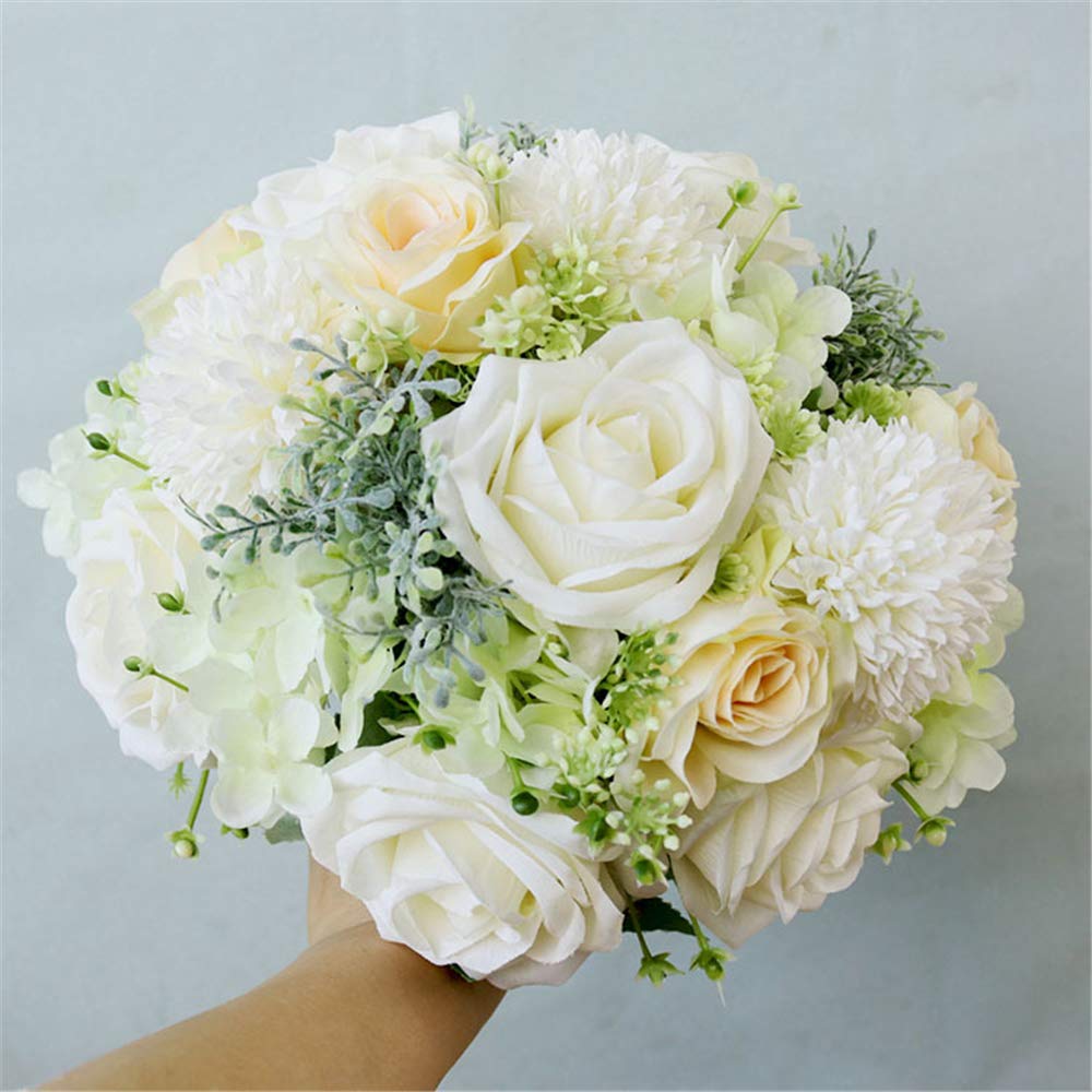 Elegant Ivory, Green & Champagne Fabric Flower Wedding Bouquet - Bridal & Bridesmaid Bouquet with Roses & Dahlia for Toss Ceremony | Perfect for Bridal Showers, Wedding Receptions & Photo Shoots