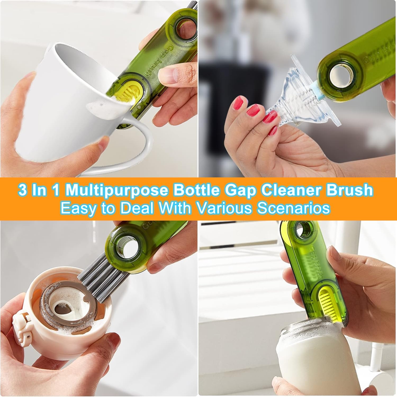 QUGAQULI 3-in-1 Multi-Purpose Cleaning Brush Set - Reusable Cup Cleaner, Bottle Brush & Straw Cleaner for Kitchen, Travel & Baby Bottles | Perfect for Teacups, Water Bottles & Hard-to-Reach Areas | Essential Home Cleaning Gadgets