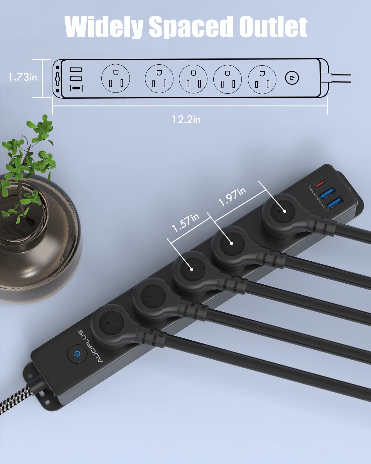 AUOPLUS Surge Protector Power Strip with USB C Ports - 5FT Braided Extension Cord, 5 Outlets & 3 USB Ports (1 USB C), Mountable Flat Plug with Overload Protection - Perfect for Home Office, Gaming Setup & Travel