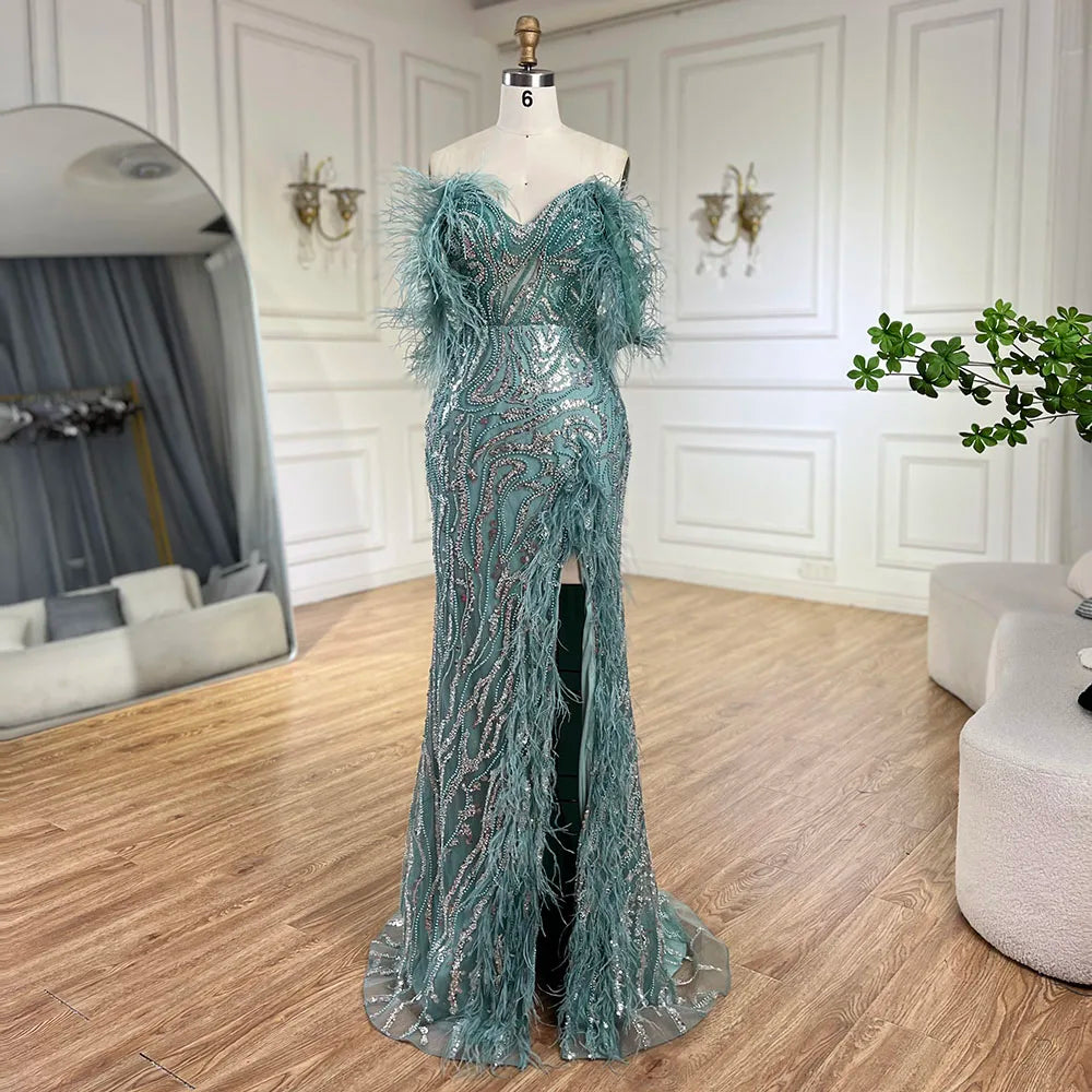 Serene Hill Turquoise Spaghetti Strap High Split Mermaid Beaded Feathers Evening Gown for Women - Elegant Wedding Party Dress 2025 LA72602 | Perfect for Prom, Gala, Cocktail Party & Formal Events