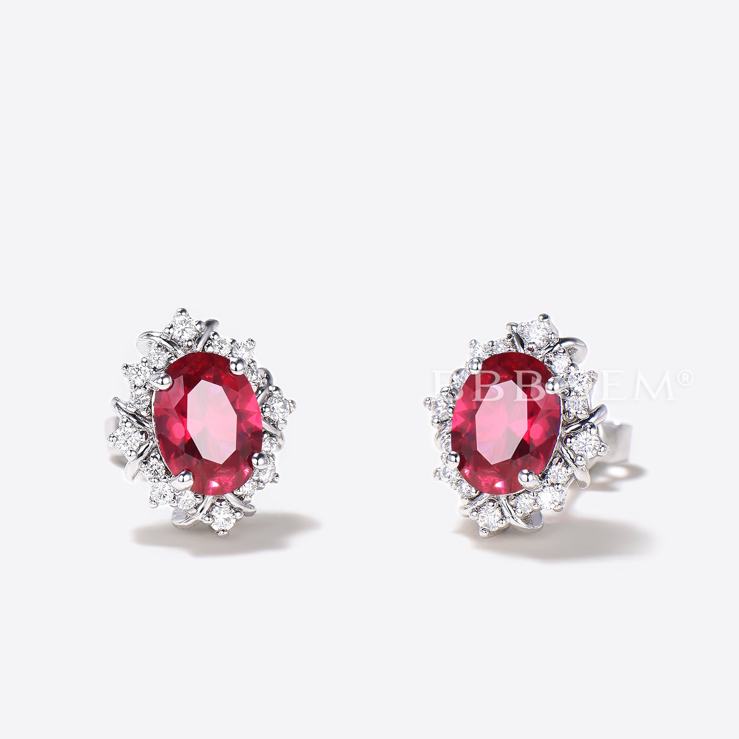 1.5CT Oval Cut Red Ruby Stud Earrings in 14k White Gold with Halo Diamonds | Elegant Bridal Jewelry & Gift for Anniversary, Valentine's Day