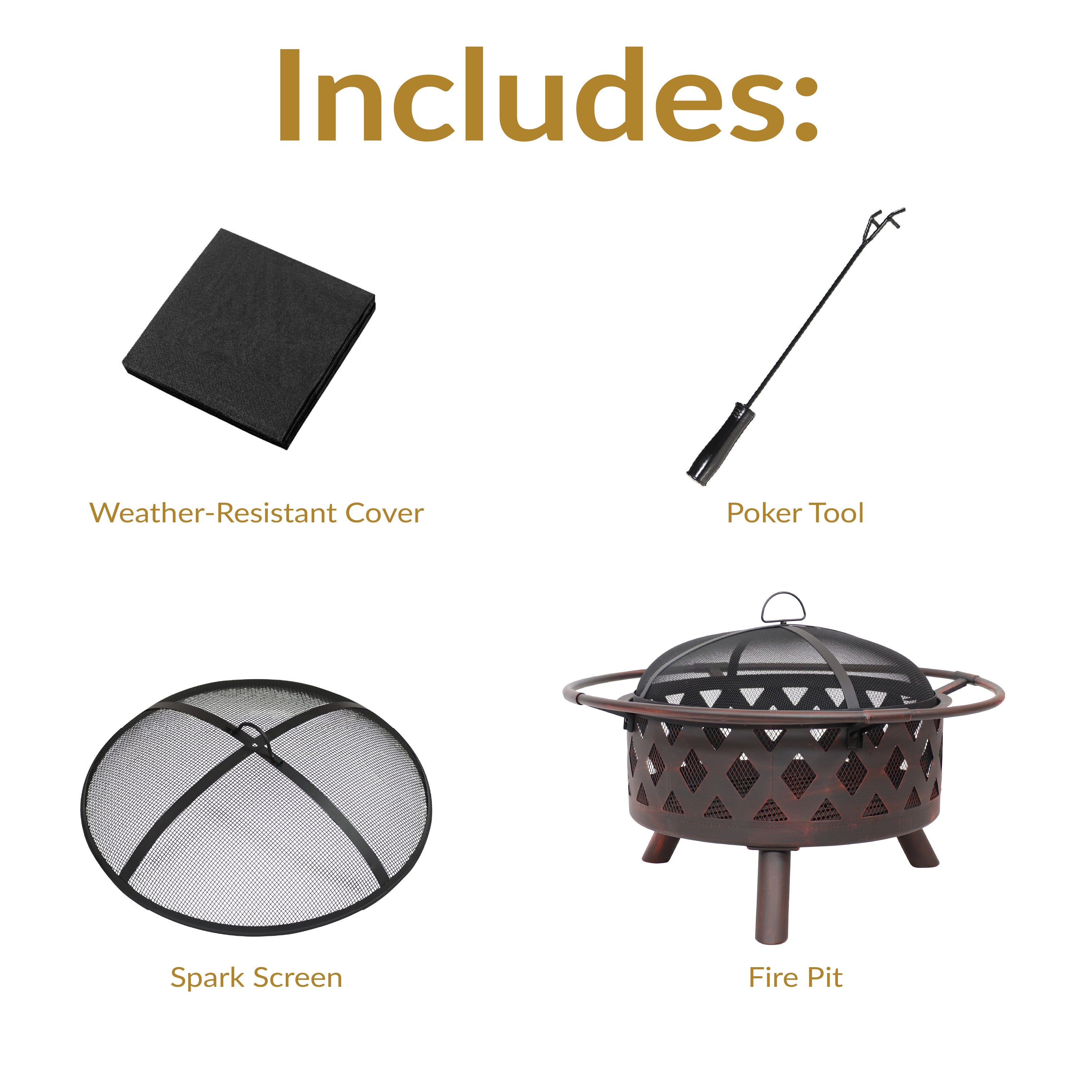 Sunnydaze Bronze Crossweave Outdoor Fire Pit with Spark Screen & Poker - Heavy Duty Steel Wood Burning Firepit for Backyard, Patio, Camping & Bonfires