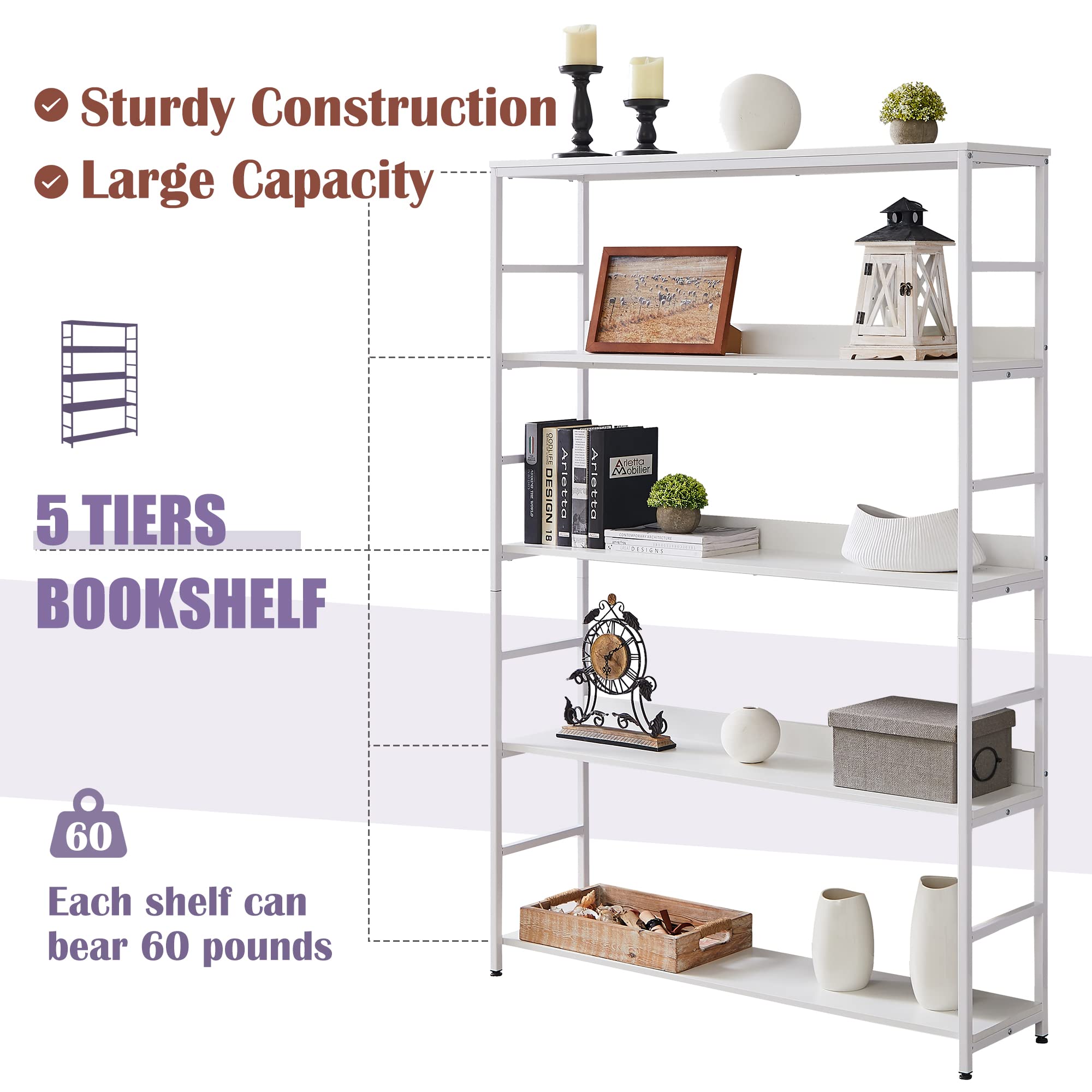 Polibi 5-Tier Home Office Standing Open Bookcase - Modern Industrial Style Large 5-Shelf Bookshelf with Metal Frame & MDF Board (47.24
