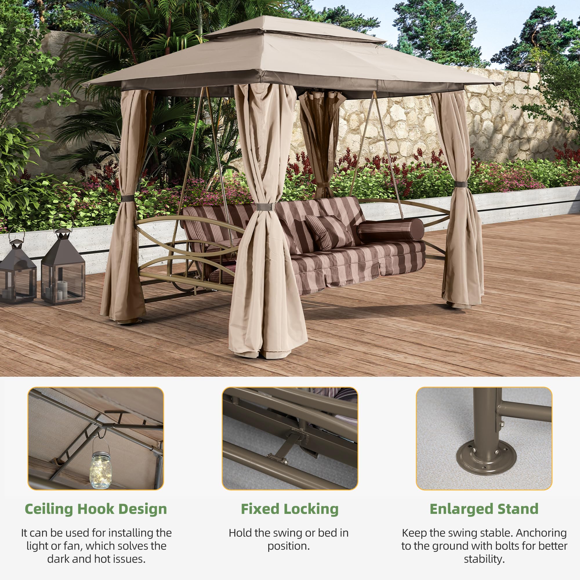PURPLE LEAF 3-Person Outdoor Patio Swing with Canopy, Netting & Curtains - Heavy Duty Porch Swing Gazebo for Adults - Perfect for Backyard, Garden, and Poolside Relaxation