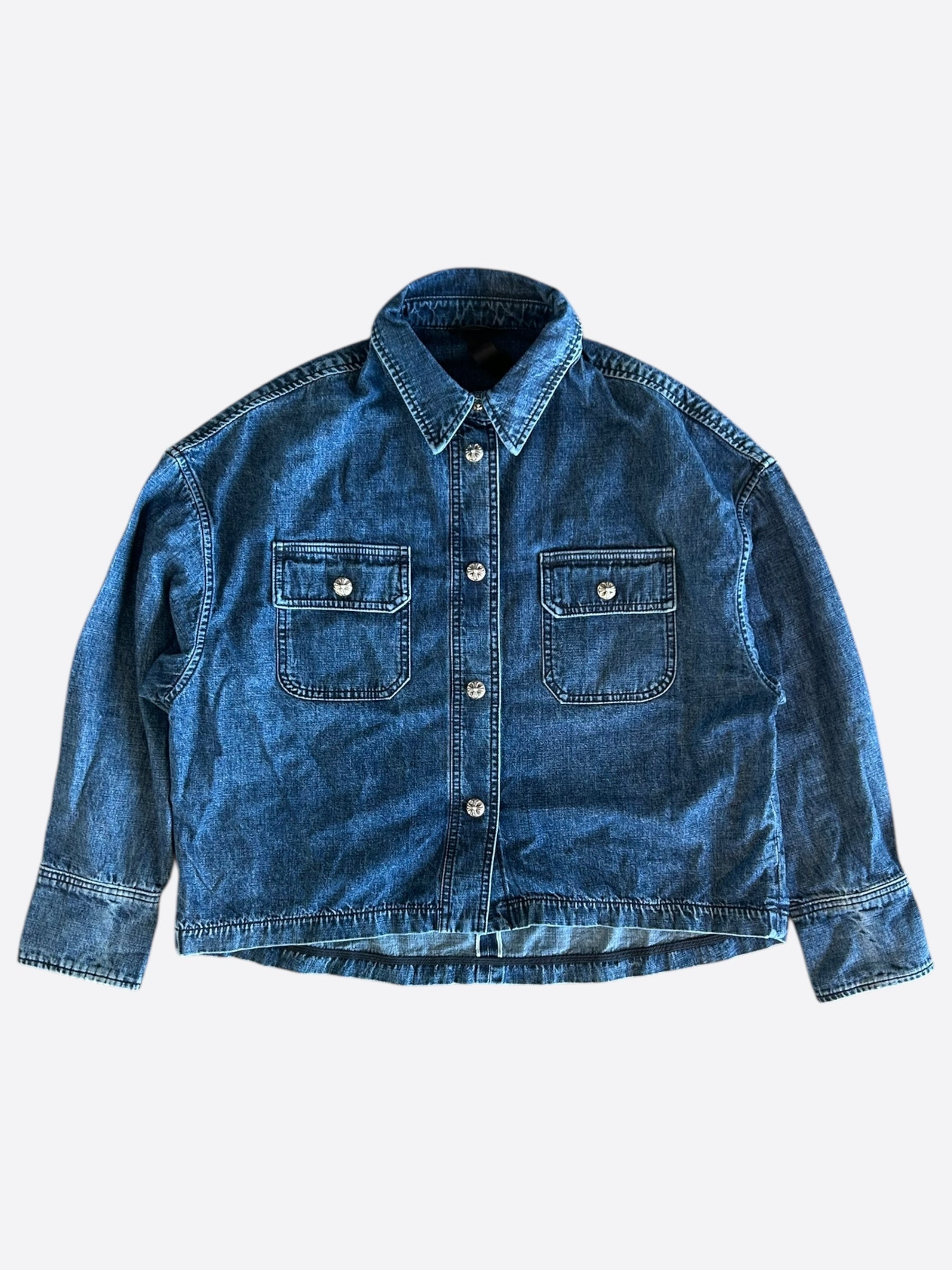 Chrome Hearts Blue Denim Button Up Shirt for Women | Stylish Casual & Party Wear | Perfect for Date Nights & Weekend Outings