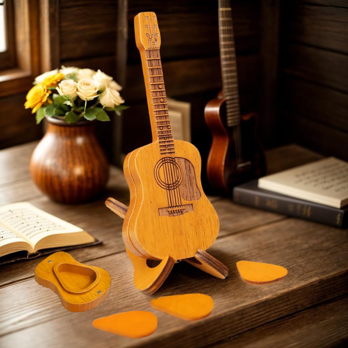 **Premium Wooden Guitar Pick Box with Stand - 3 Unique Engraved Plectrums Included | Compact Storage Case for Acoustic, Electric, Bass & Ukulele Players | Perfect Gift for Musicians & Guitar Lovers**    *(Use: Organize picks neatly on your desk, music studio, or gig bag - ideal for practice, performances, and collector displays!)*