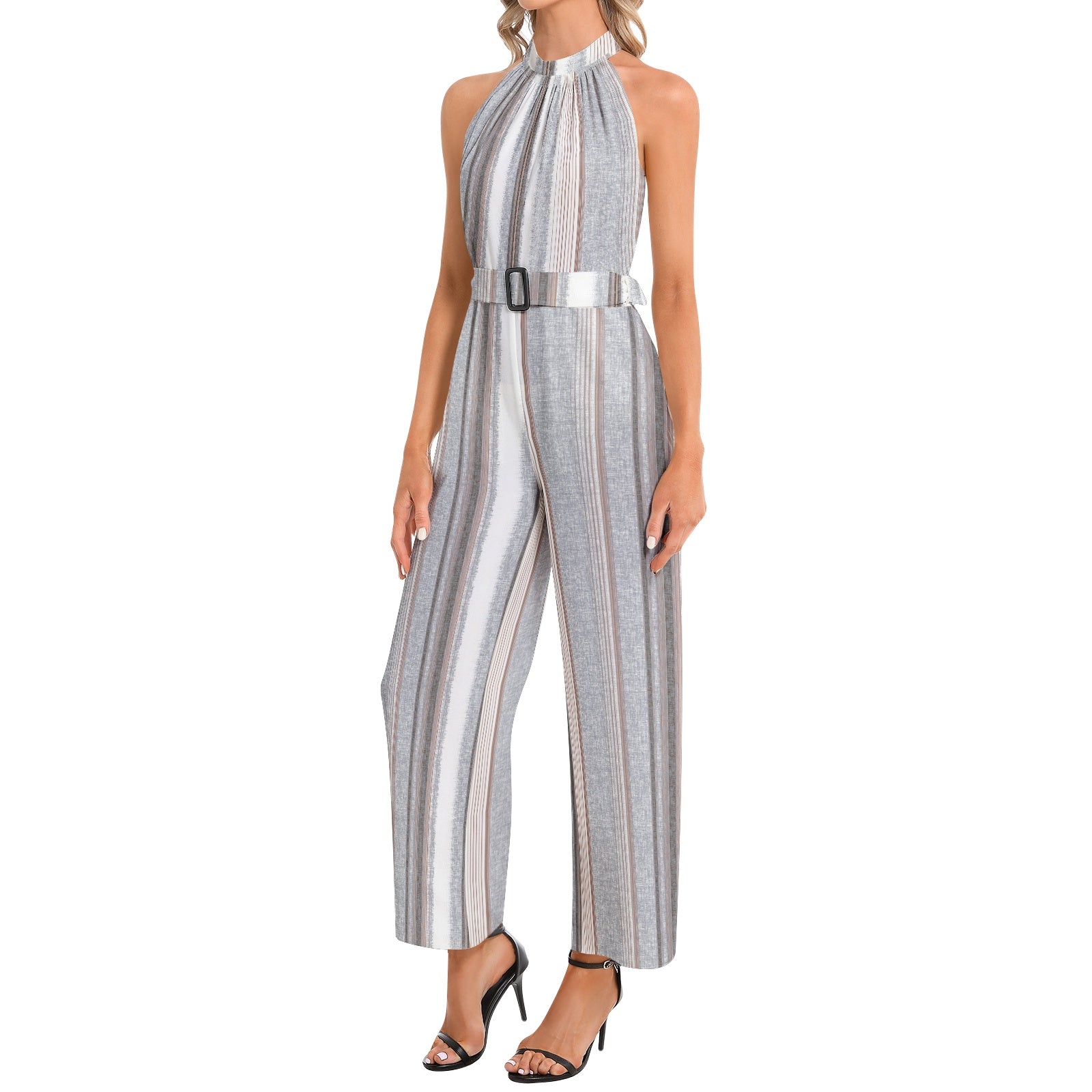 Elegant Striped Grayscale Halter Neck Jumpsuit with Buckle Belt - Perfect for Casual Outings, Date Nights & Summer Vacations