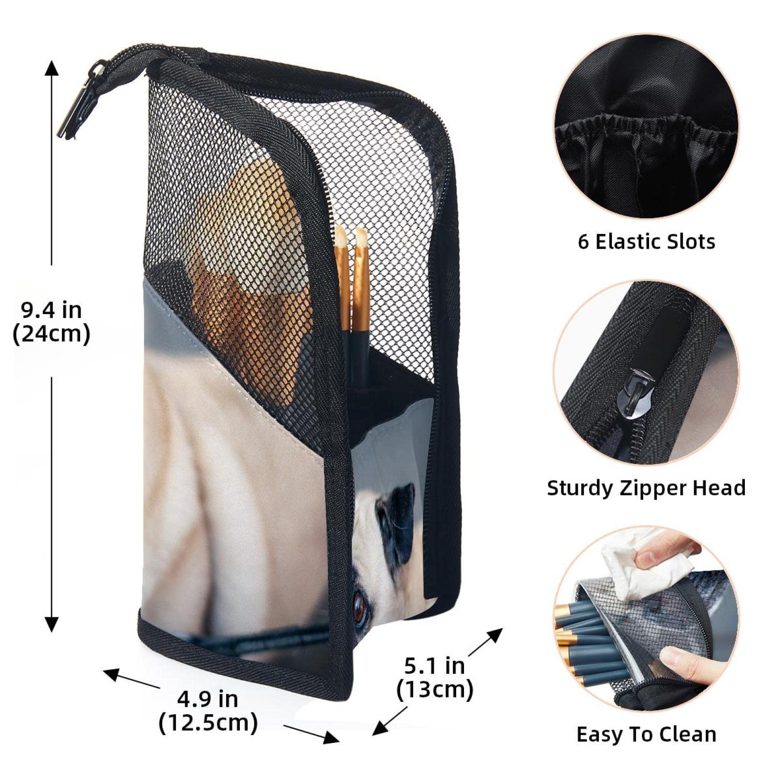 Premium Makeup Brush Organizer Bag with 12 Brushes - Cute Animal Dog Pug Design - Portable Cosmetic Brush Holder Case for Travel & Home Storage