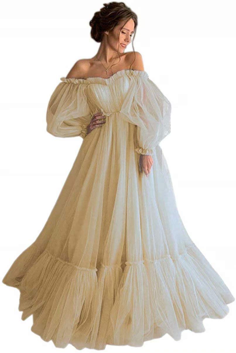 Xijun Women's Off The Shoulder Puffy Sleeve Prom Dress Long Evening Gown Plus Size Formal Party Gown for Homecoming, Wedding Guest, Cocktail Party