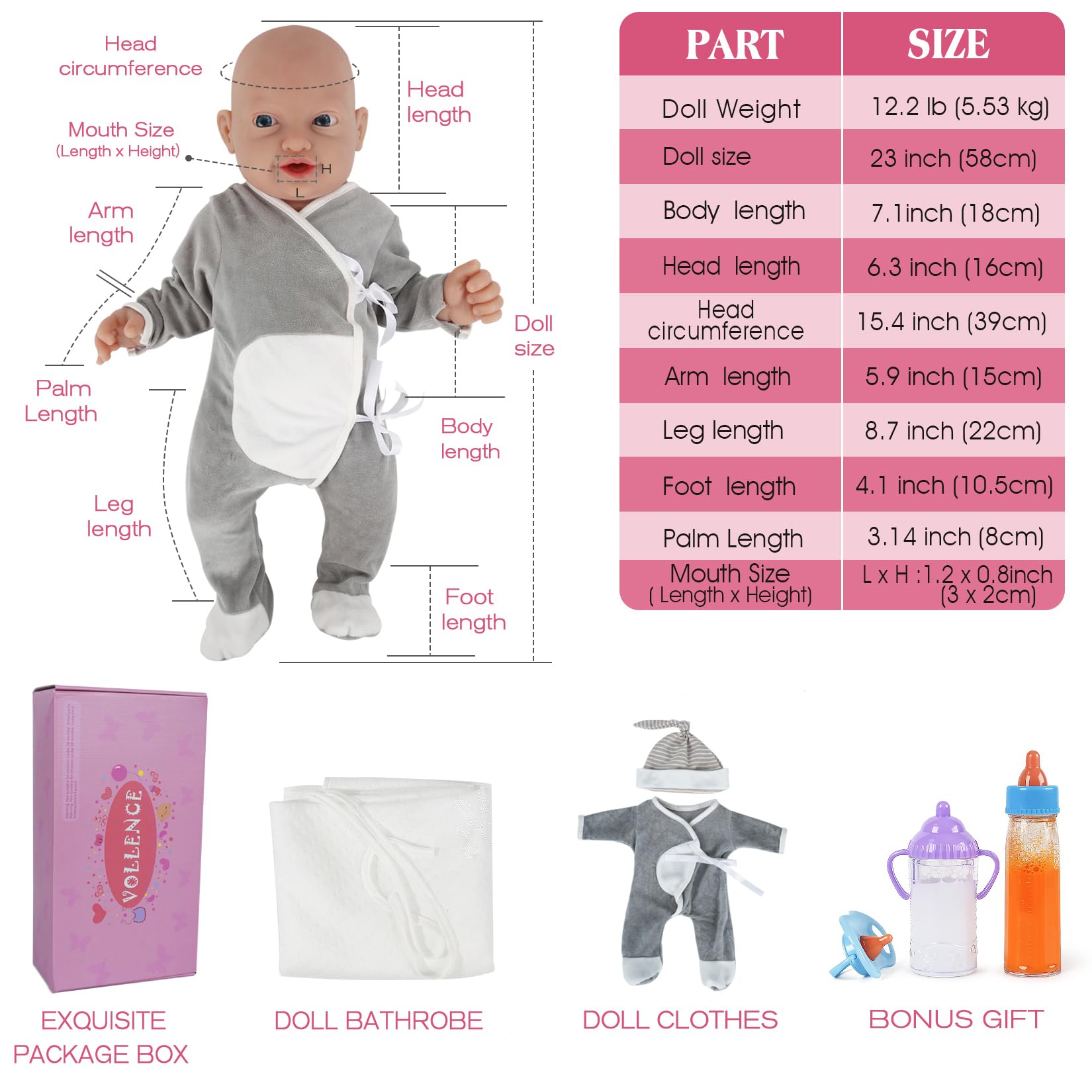 Vollence 23 Inch Realistic Reborn Baby Doll - Platinum Silicone Full Body Lifelike Newborn Boy for Collectors & Gift Giving