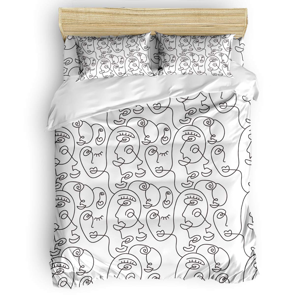 4 Piece Twin Size Bedding Set - Abstract Line Art Face Design Comforter Cover, Flat Sheet & 2 Pillowcases for Kids' Bedroom (Black & White Pattern) | Soft & Cozy Bed Set for Boys, Girls & Teens - Perfect for Dorm Rooms, Sleepovers & Everyday Comfort