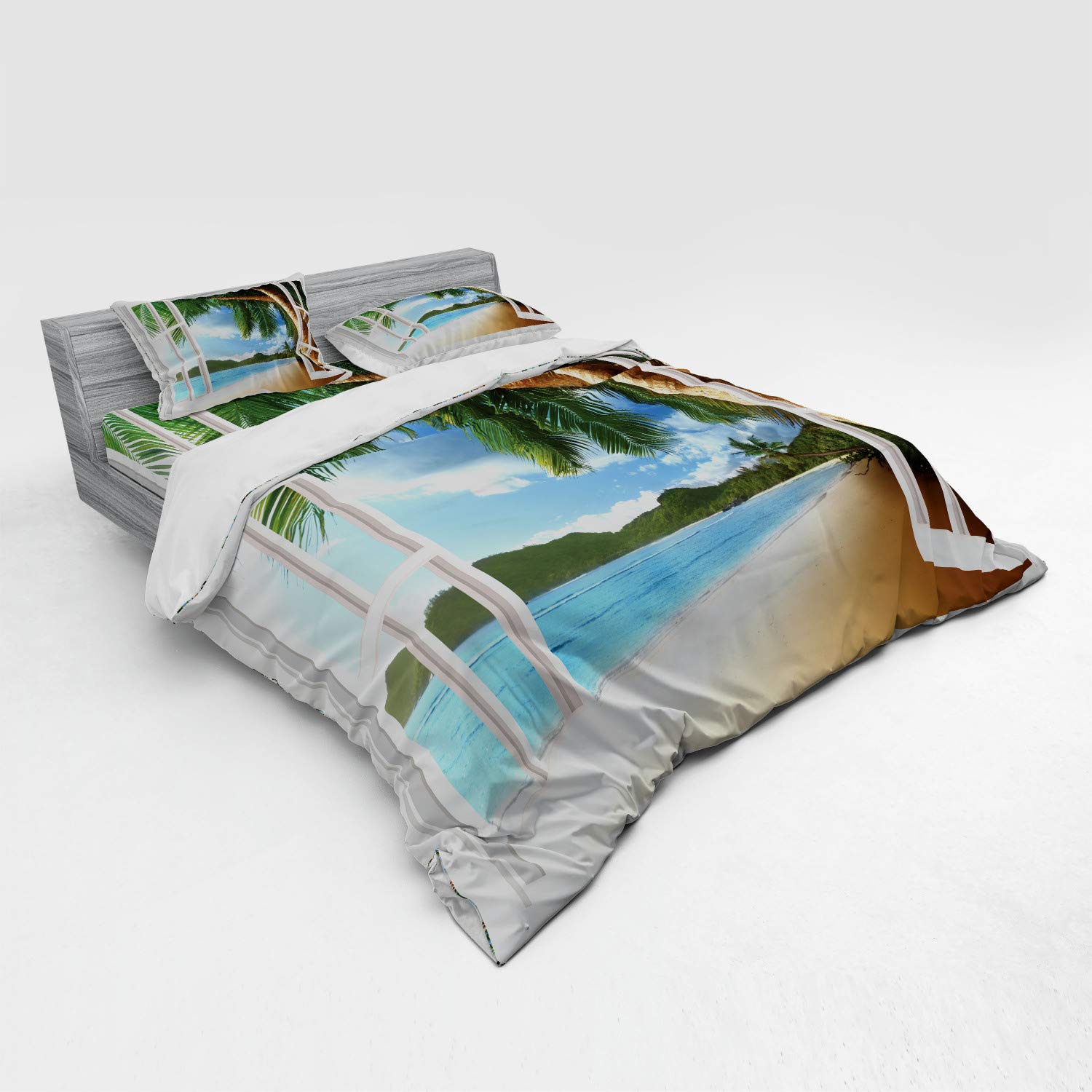 Ambesonne Nautical Beach Bedding Set - King Size 4-Piece Duvet Cover with Shams & Fitted Sheet - Palm Trees Ocean View Design in Green Ivory Blue - Coastal Themed Bedroom Decor for Beach House, Vacation Rental or Tropical Style Home